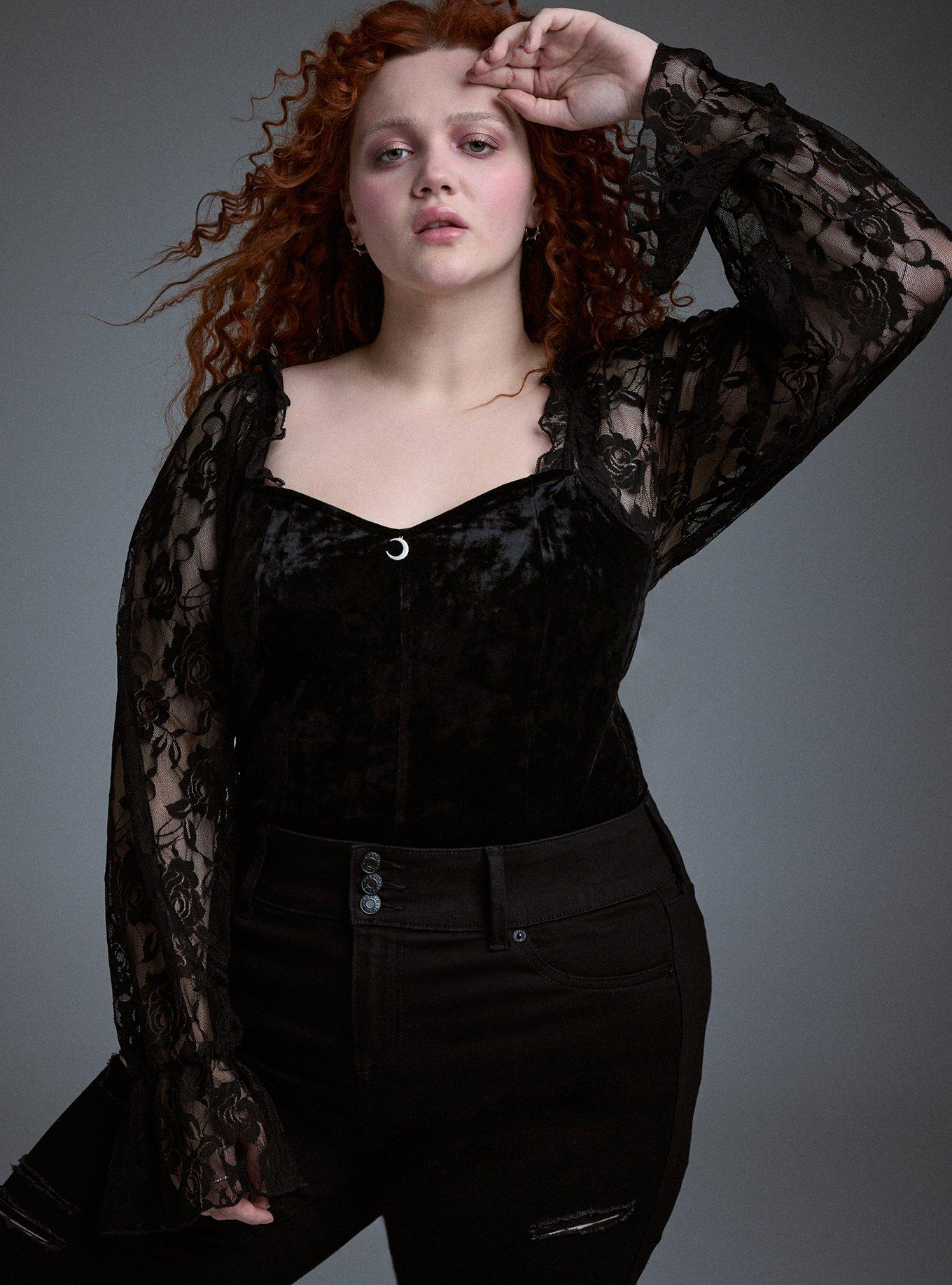 Nightfall Velour & Lace Bell Sleeve Top, DEEP BLACK, alternate