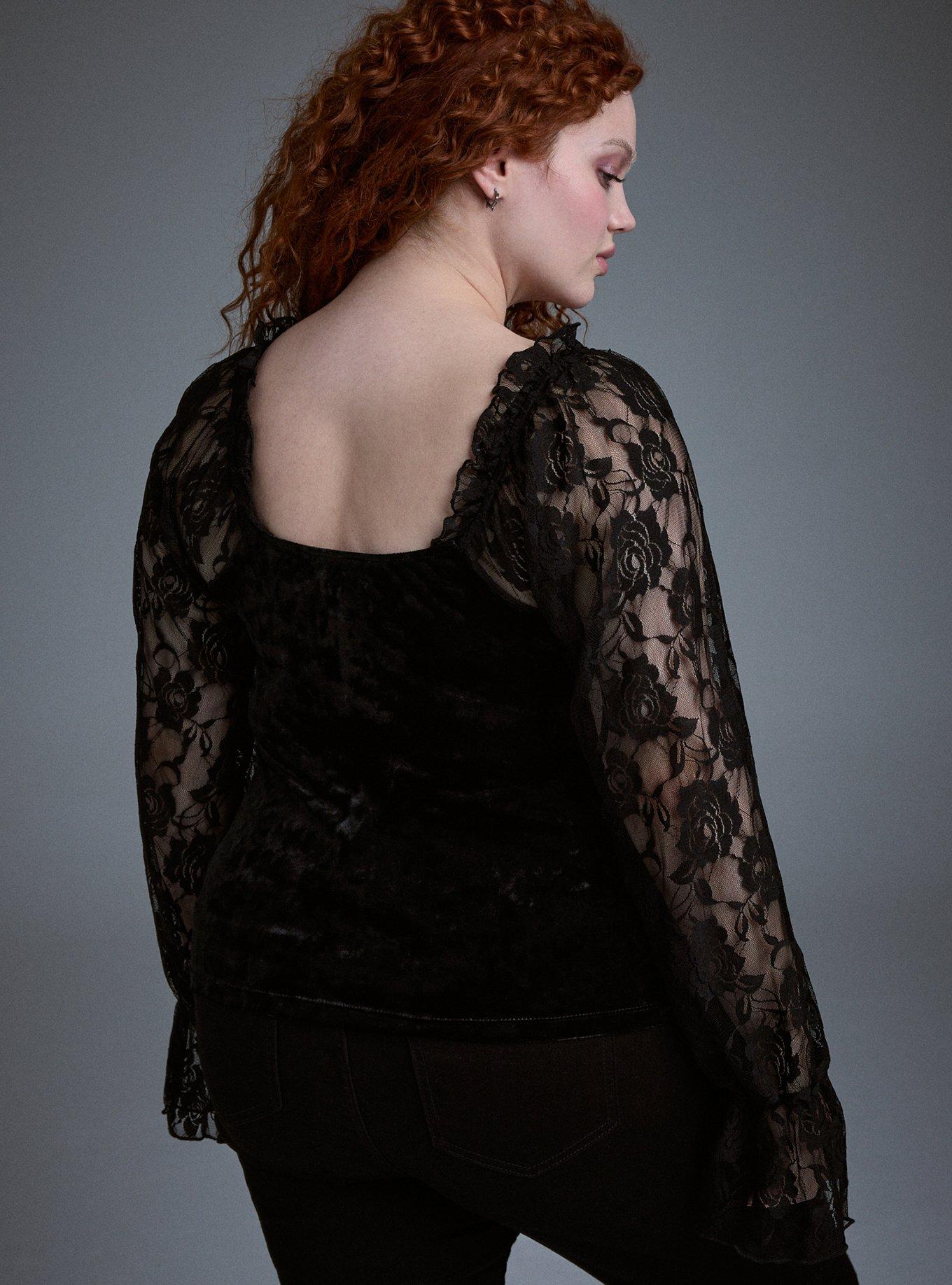 Nightfall Velour & Lace Bell Sleeve Top, DEEP BLACK, alternate