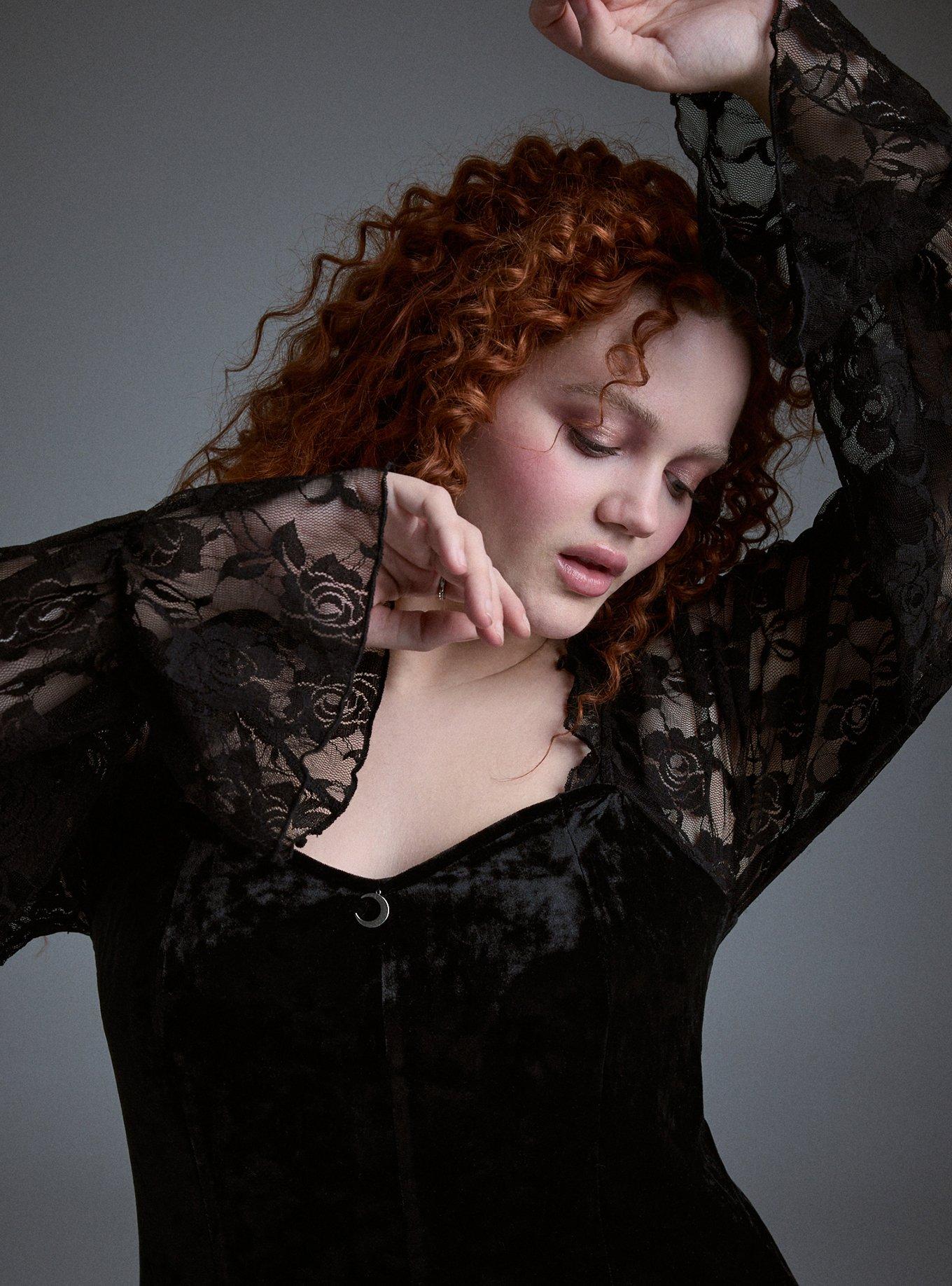 Nightfall Velour & Lace Bell Sleeve Top, DEEP BLACK, alternate