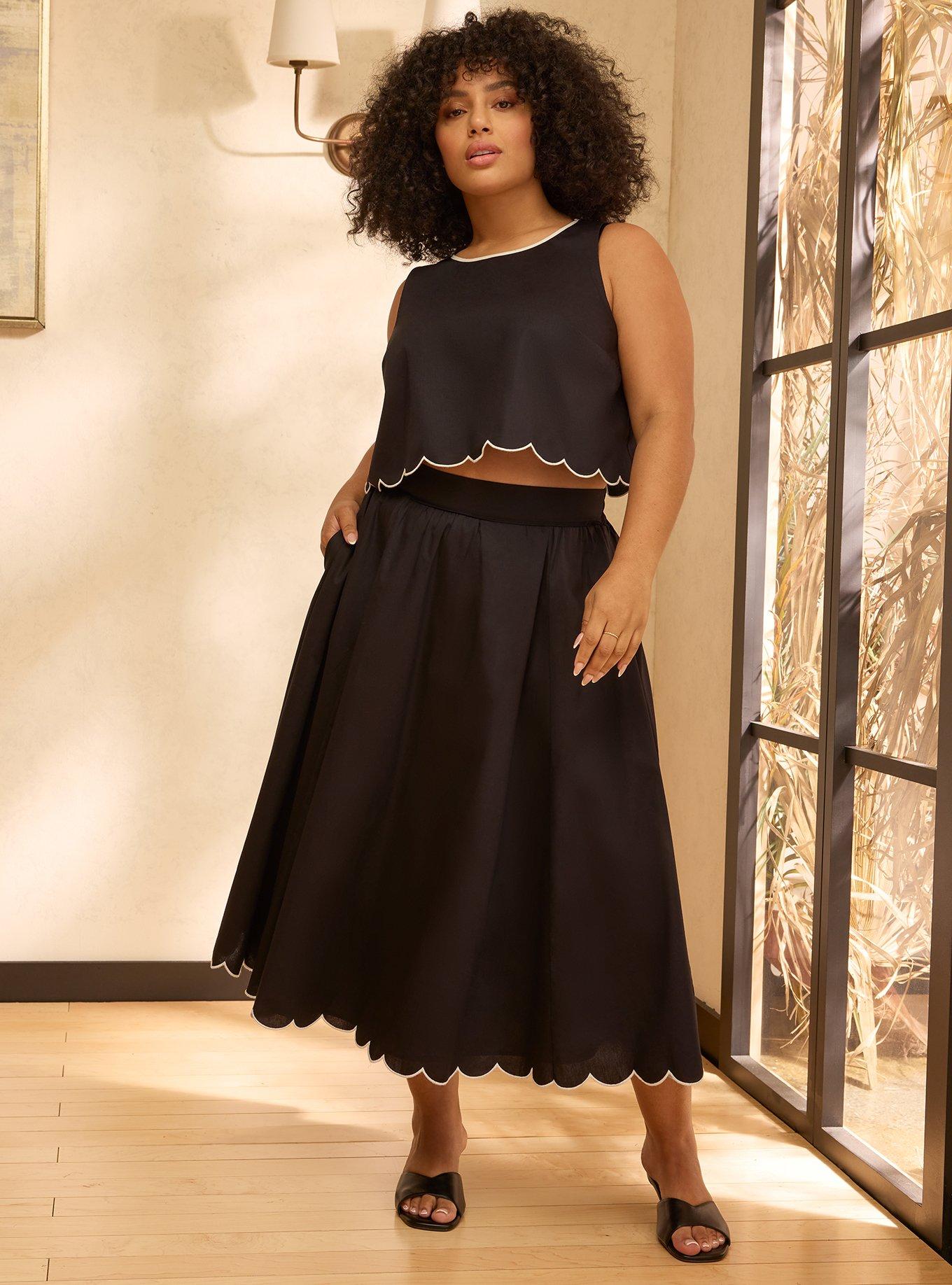 Belle Isle Scalloped Edge Midi Skirt, DEEP BLACK, hi-res