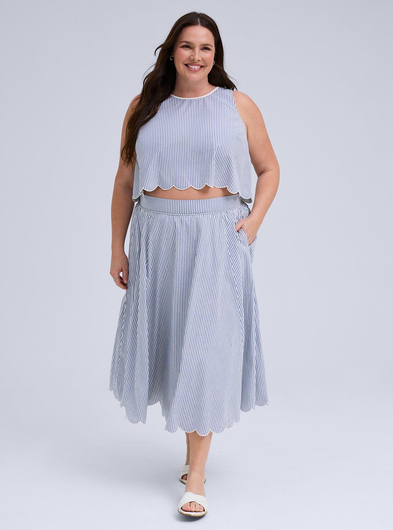 Belle Isle Scallop Edge Midi Skirt, SEDONA STRIPE BLUE, hi-res