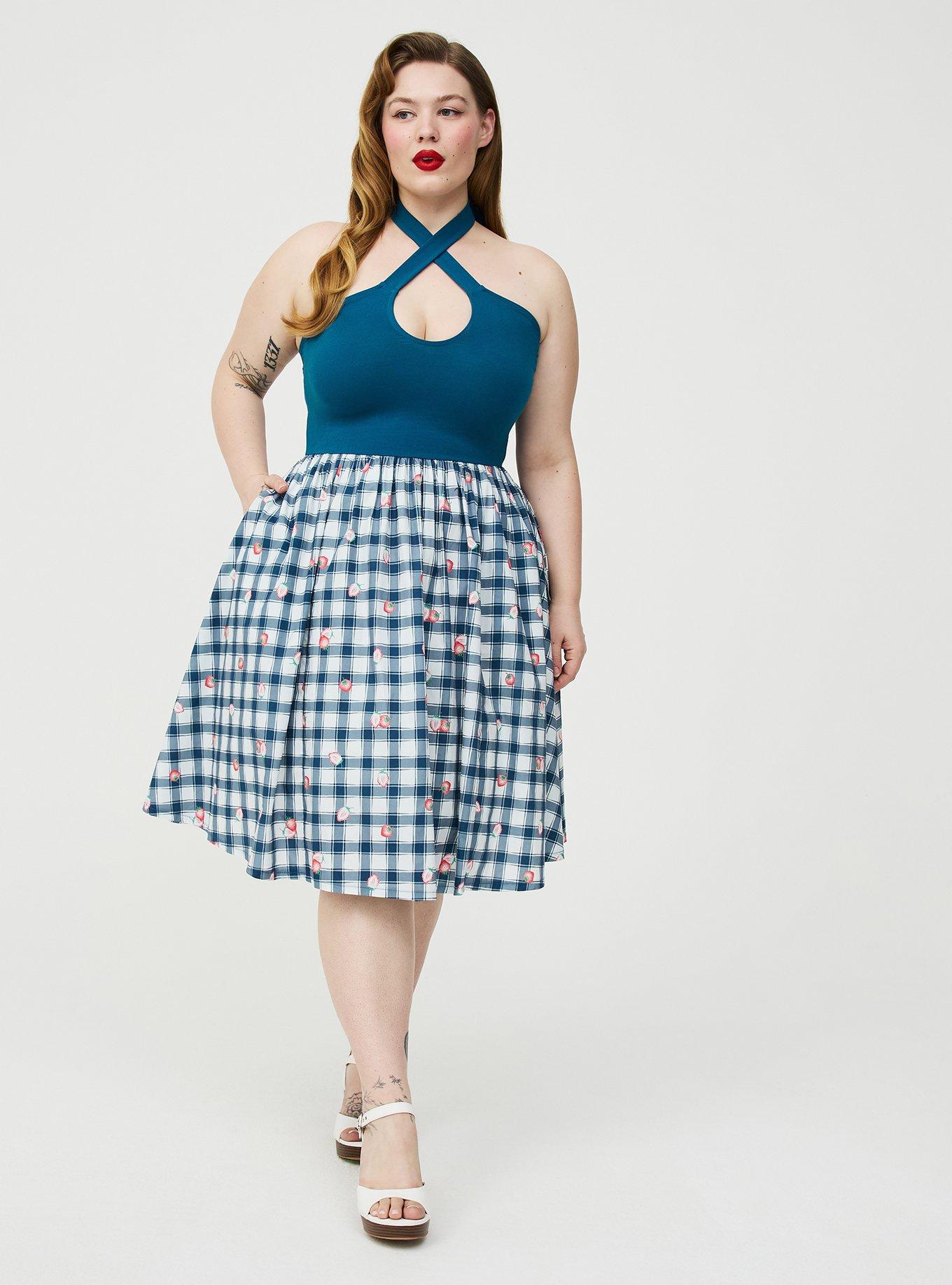 Retro Chic Twist Front Halter Midi Dress, STRAWBABIES PLAID BLUE, alternate