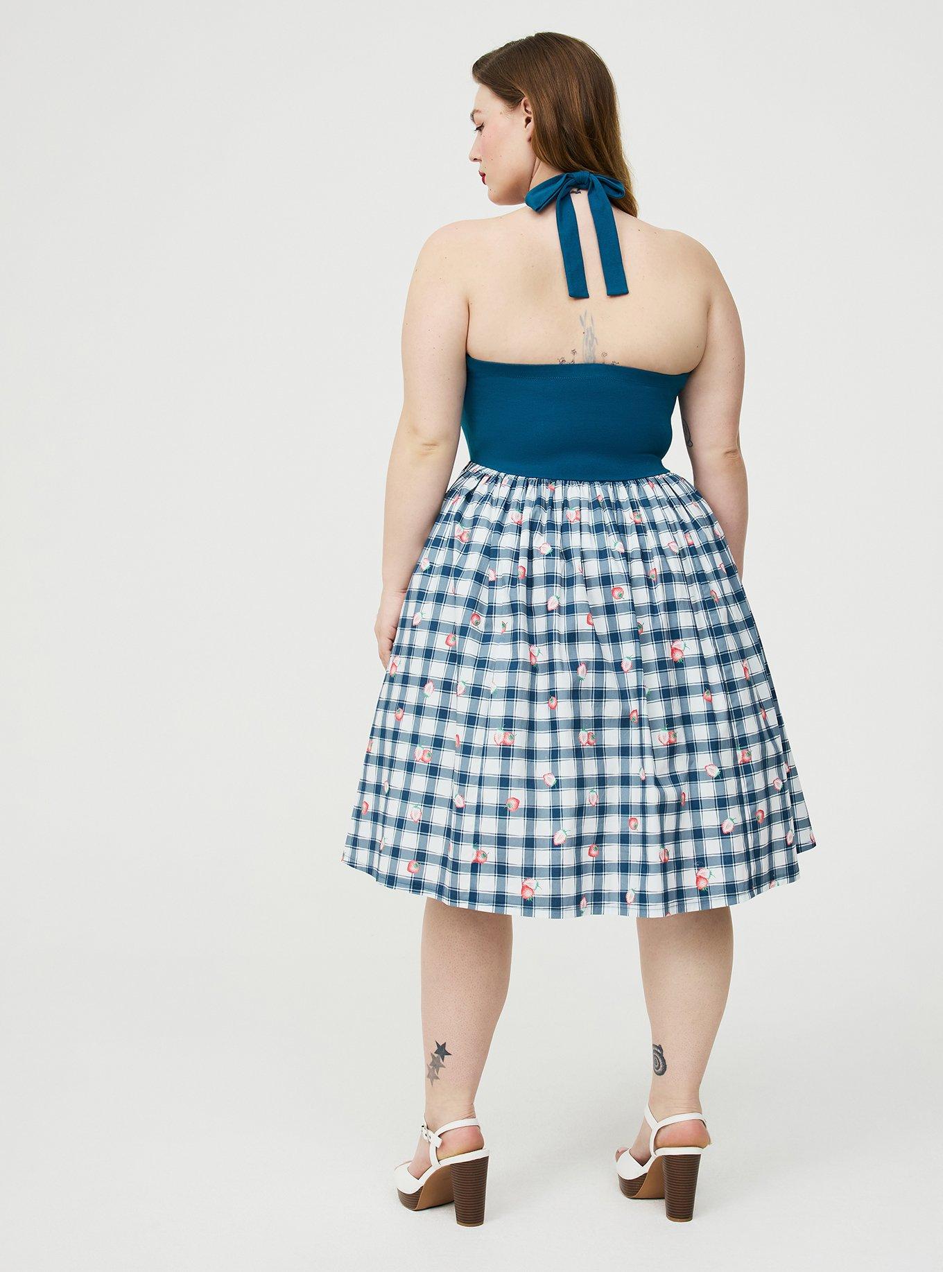 Retro Chic Twist Front Halter Midi Dress, STRAWBABIES PLAID BLUE, alternate