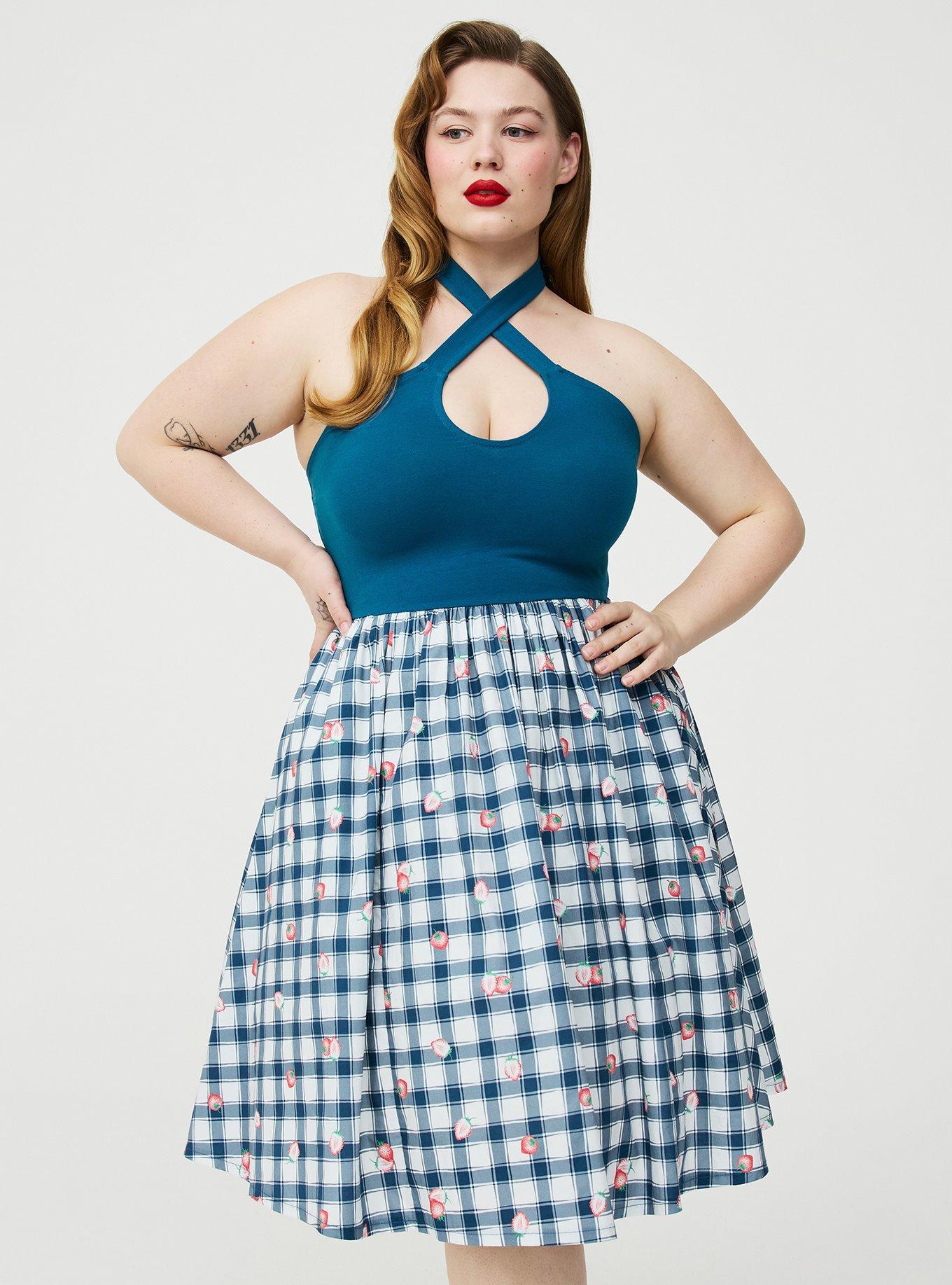 Retro Chic Twist Front Halter Midi Dress, STRAWBABIES PLAID BLUE, alternate