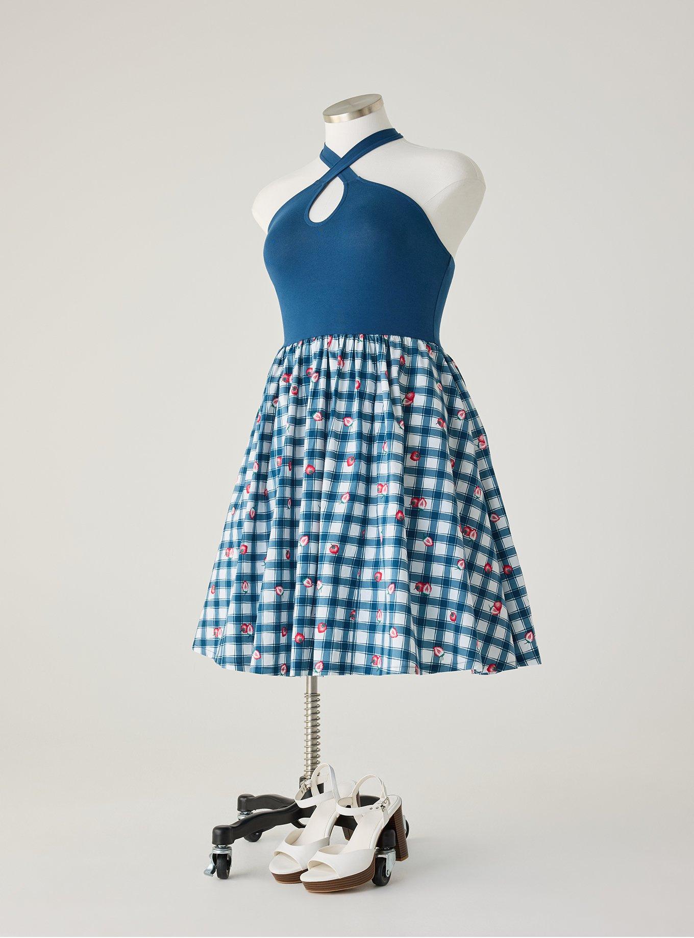 Retro Chic Twist Front Halter Midi Dress, STRAWBABIES PLAID BLUE, hi-res
