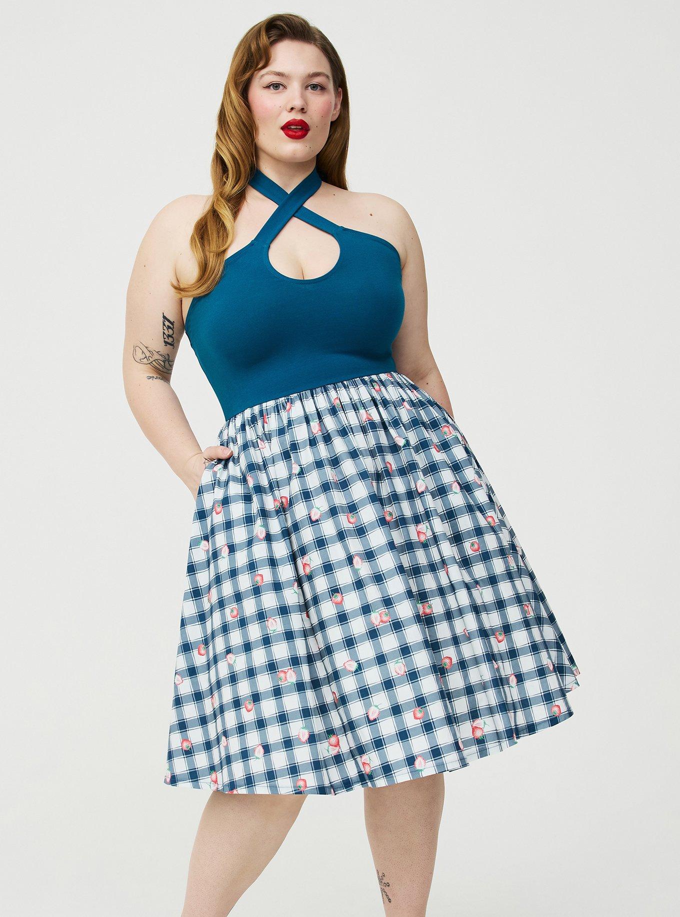 Retro Chic Twist Front Halter Midi Dress, STRAWBABIES PLAID BLUE, hi-res