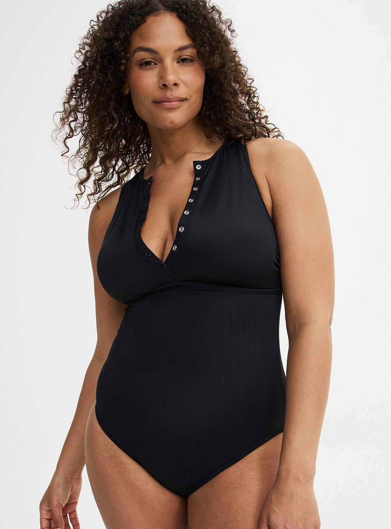 Wireless High Neck Henley One Piece Swimsuit, DEEP BLACK, alternate