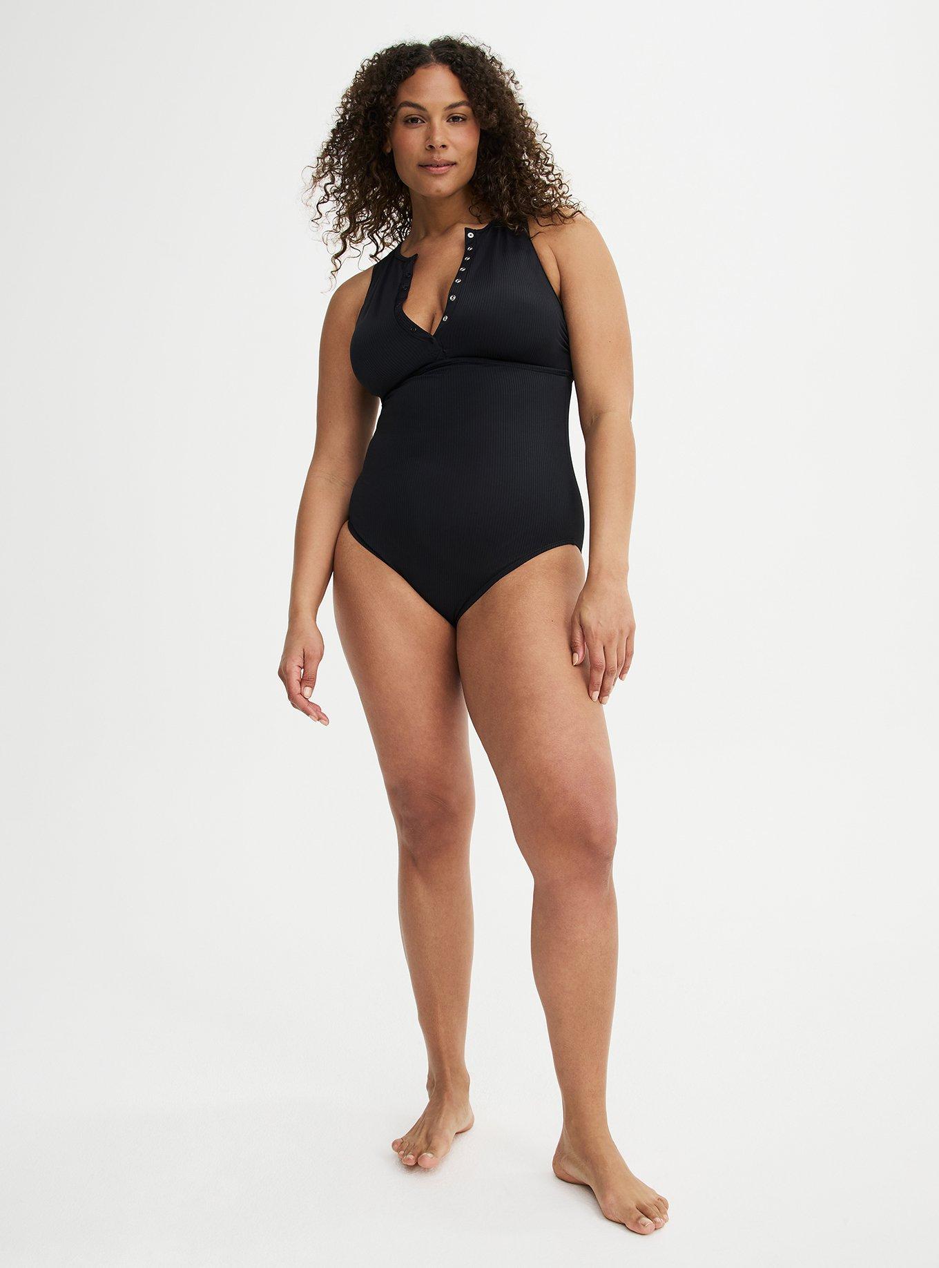 Wireless High Neck Henley One Piece Swimsuit, DEEP BLACK, alternate