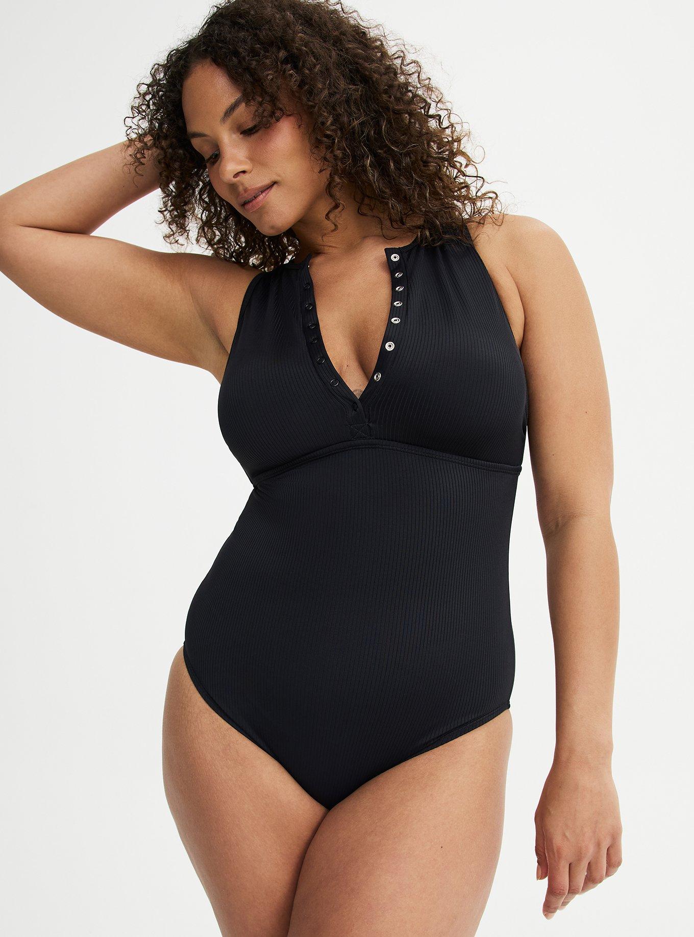 Wireless High Neck Henley One Piece Swimsuit, DEEP BLACK, hi-res