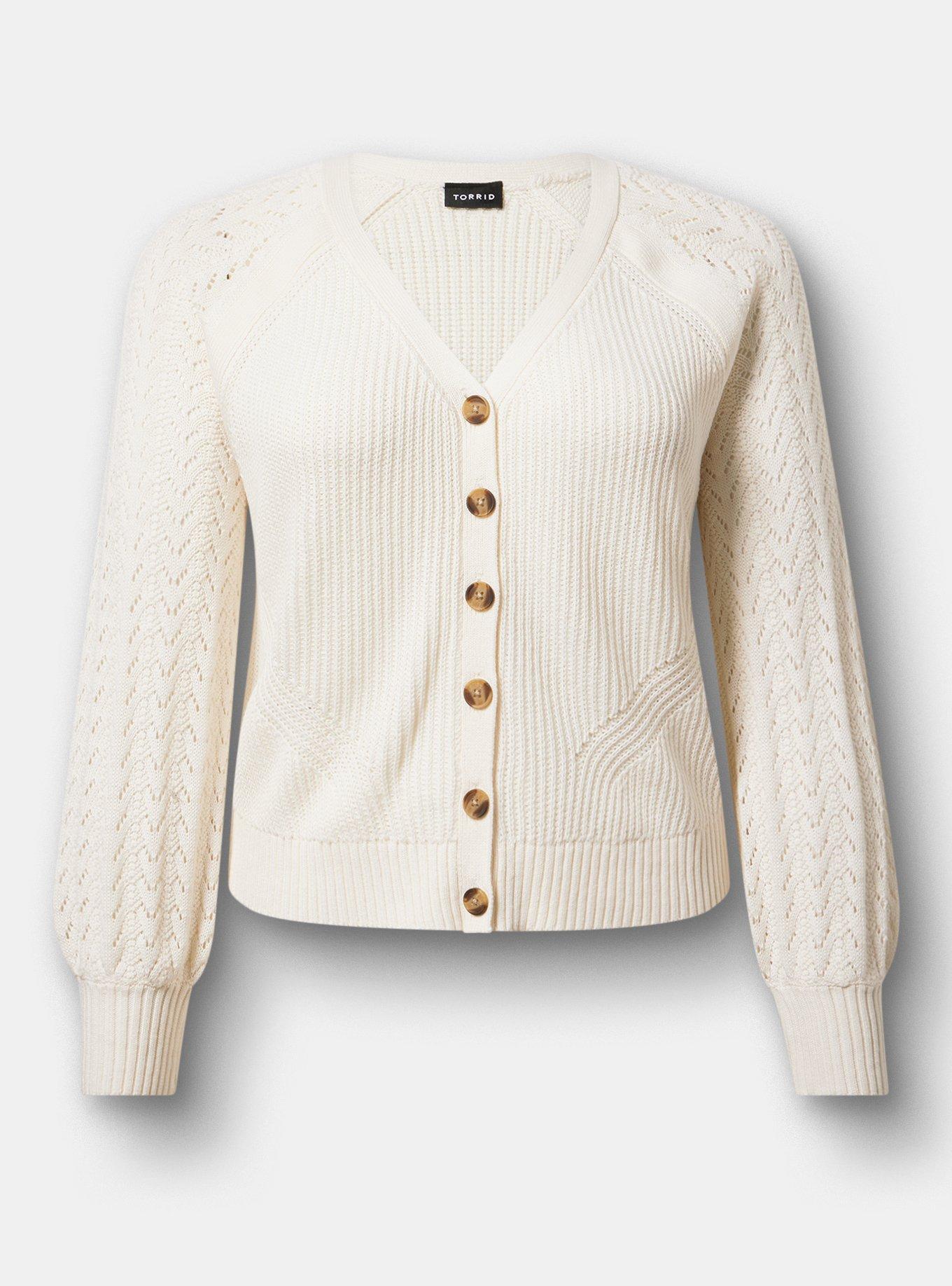 Pointelle Sleeve Cardigan, WHISPER WHITE, hi-res