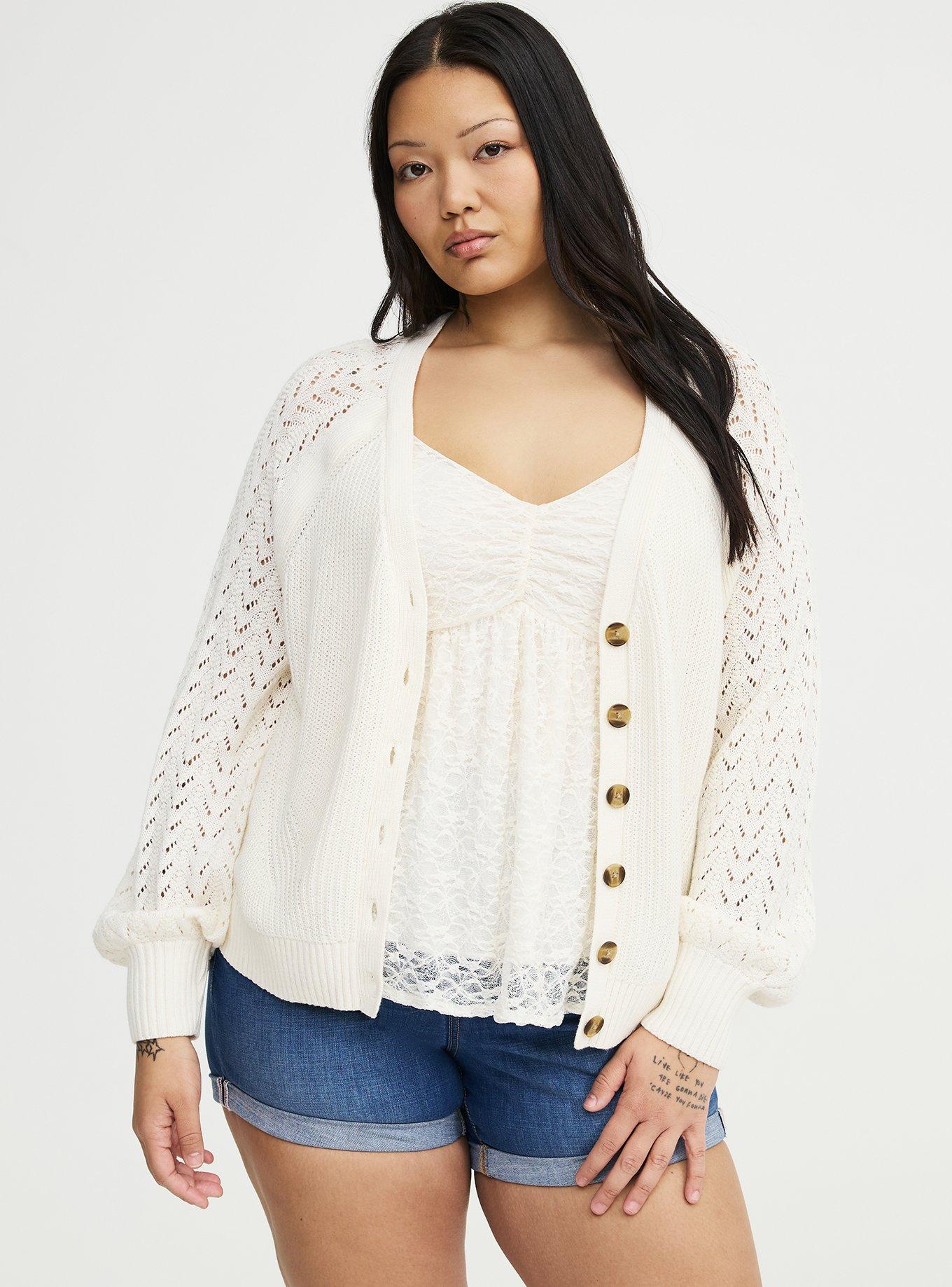 Pointelle Sleeve Cardigan, WHISPER WHITE, hi-res