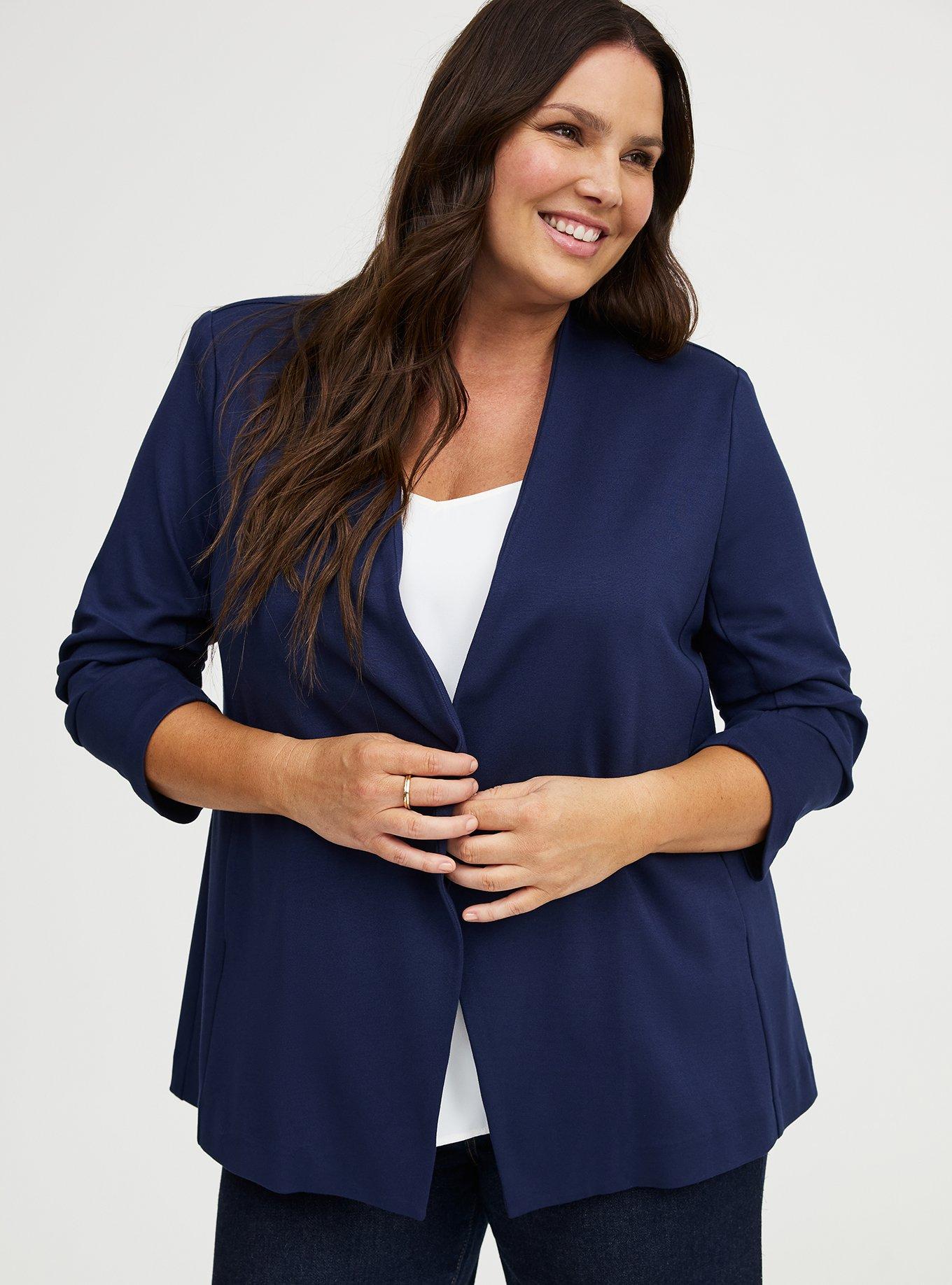 Plus Size Open Front Ponte Blazer, PEACOAT, hi-res