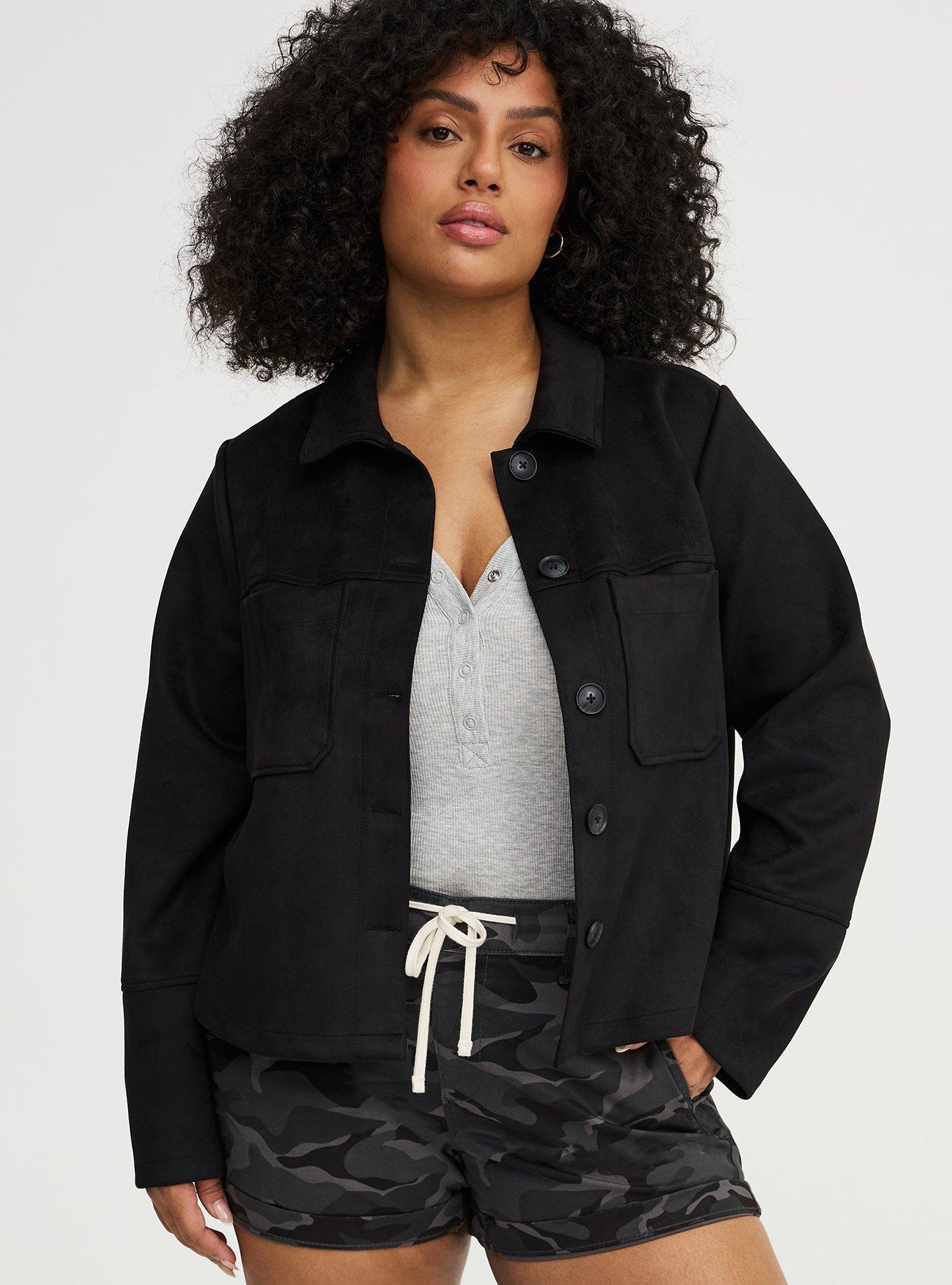 Plus Size Hipster Faux Suede Jacket, DEEP BLACK, hi-res