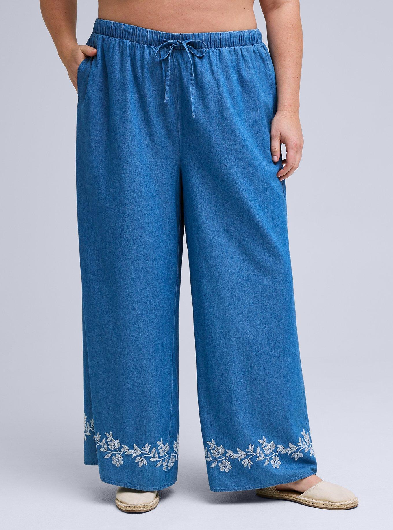 Belle Isle Embroidered Wide-Leg Chambray Pant, CHAMBRAY, alternate