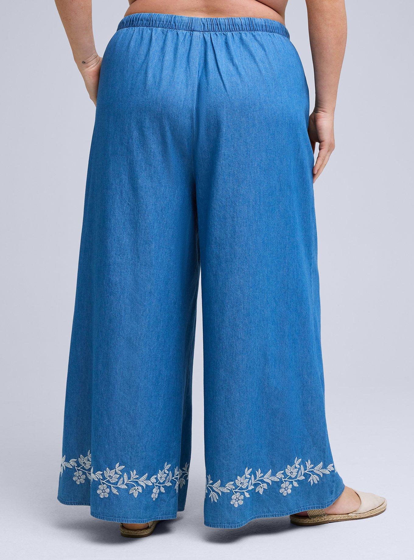 Belle Isle Embroidered Wide-Leg Chambray Pant, CHAMBRAY, alternate