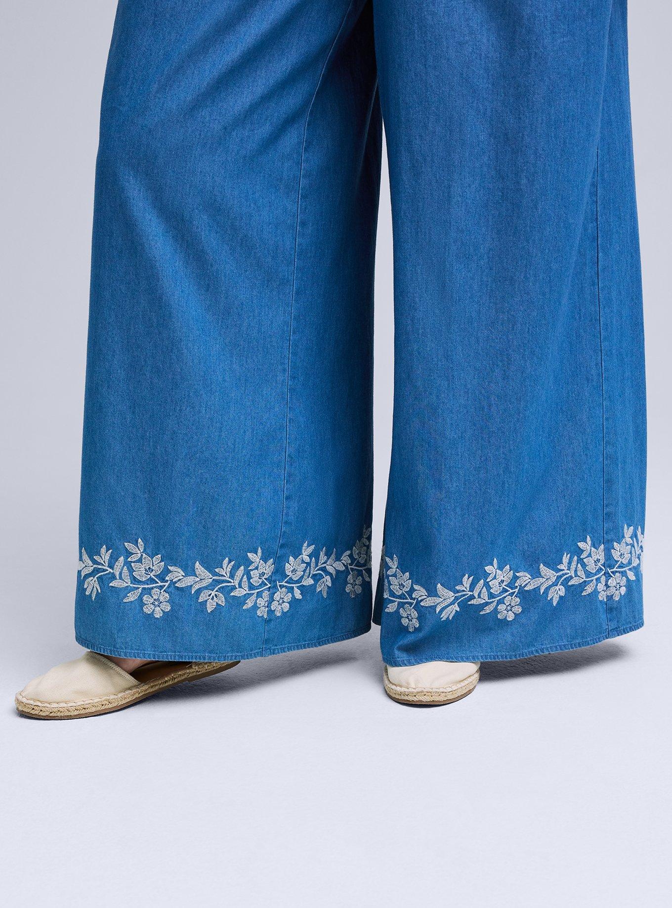 Belle Isle Embroidered Wide-Leg Chambray Pant, CHAMBRAY, alternate
