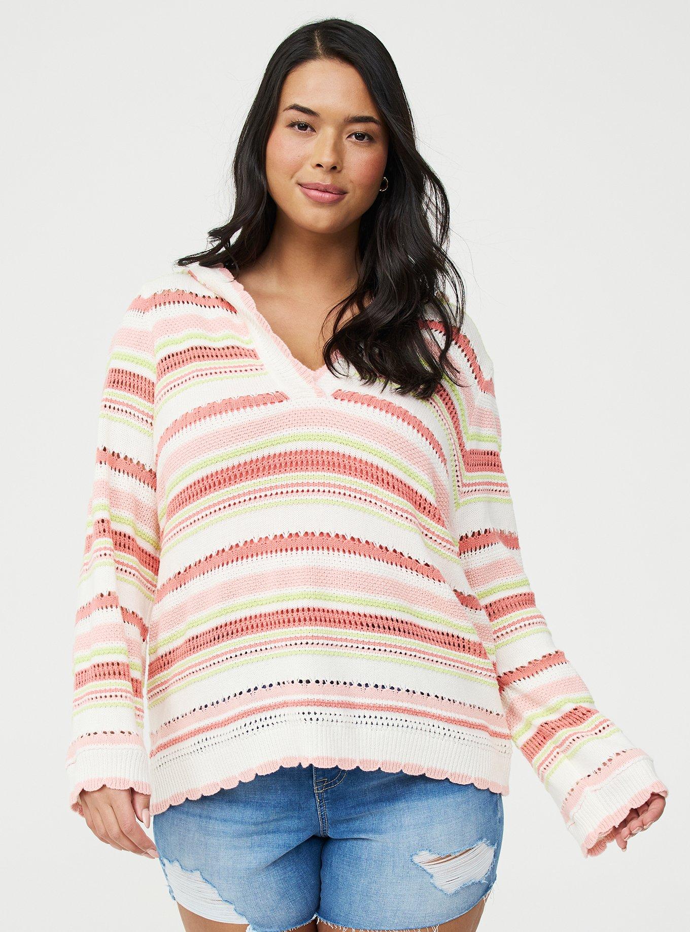 Pointelle Hoodie Sweater, MULTI COLOR STRIPE, hi-res