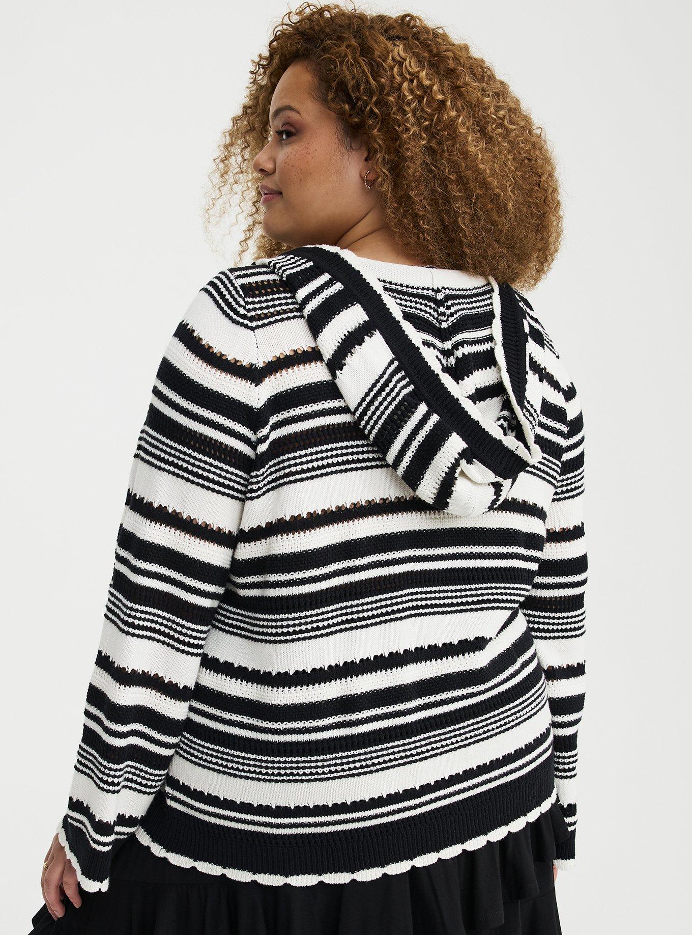 Pointelle Hoodie Sweater, DEEP BLACK WHISPER WHITE STRIPE, alternate