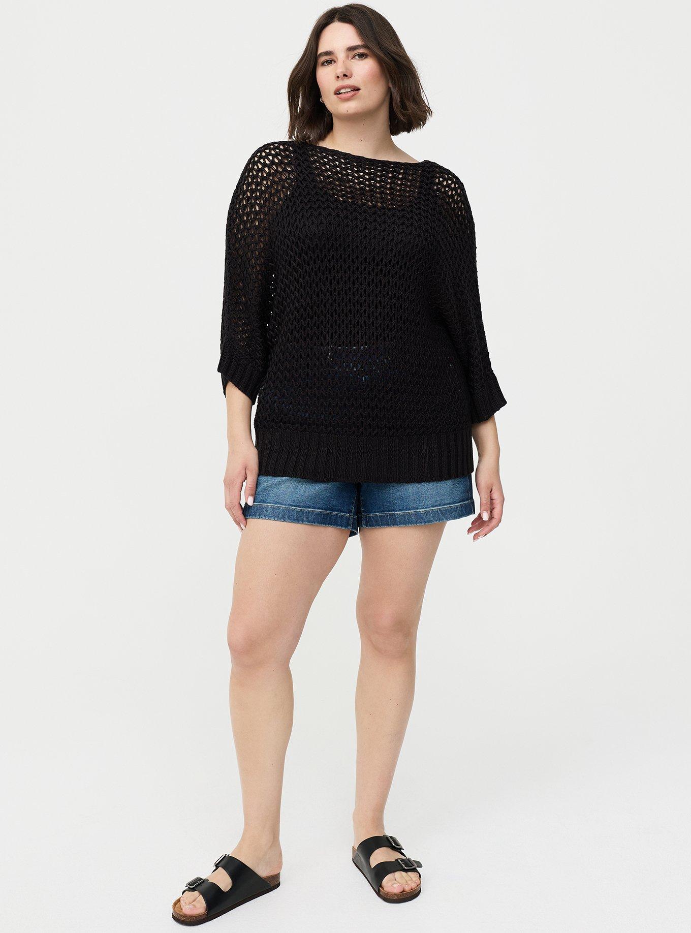 Crochet Relaxed Dolman Sweater, DEEP BLACK, alternate