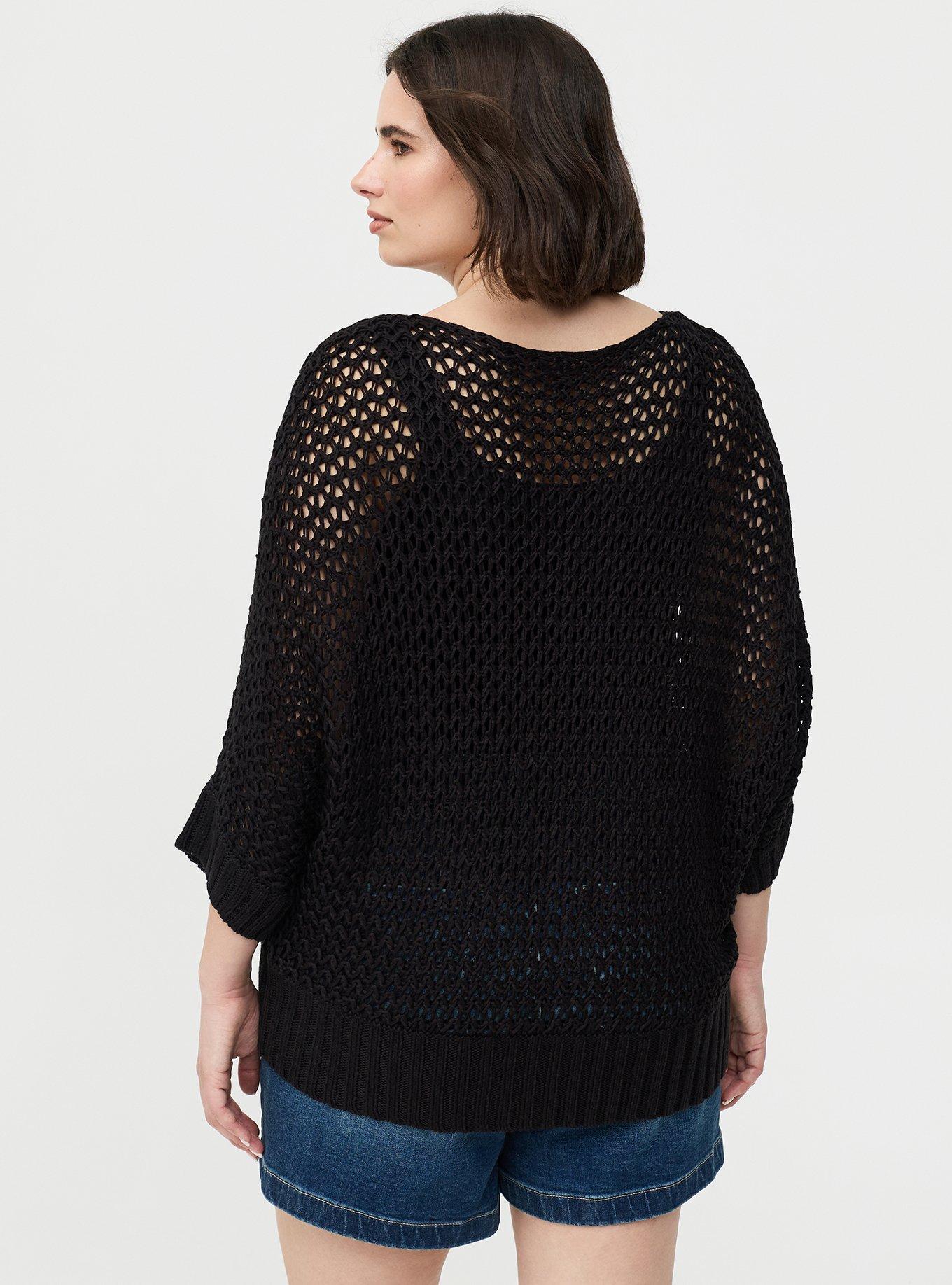 Crochet Relaxed Dolman Sweater, DEEP BLACK, alternate