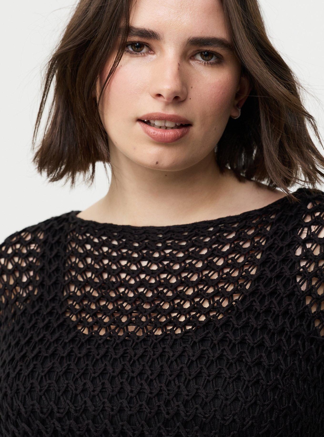 Crochet Relaxed Dolman Sweater, DEEP BLACK, alternate