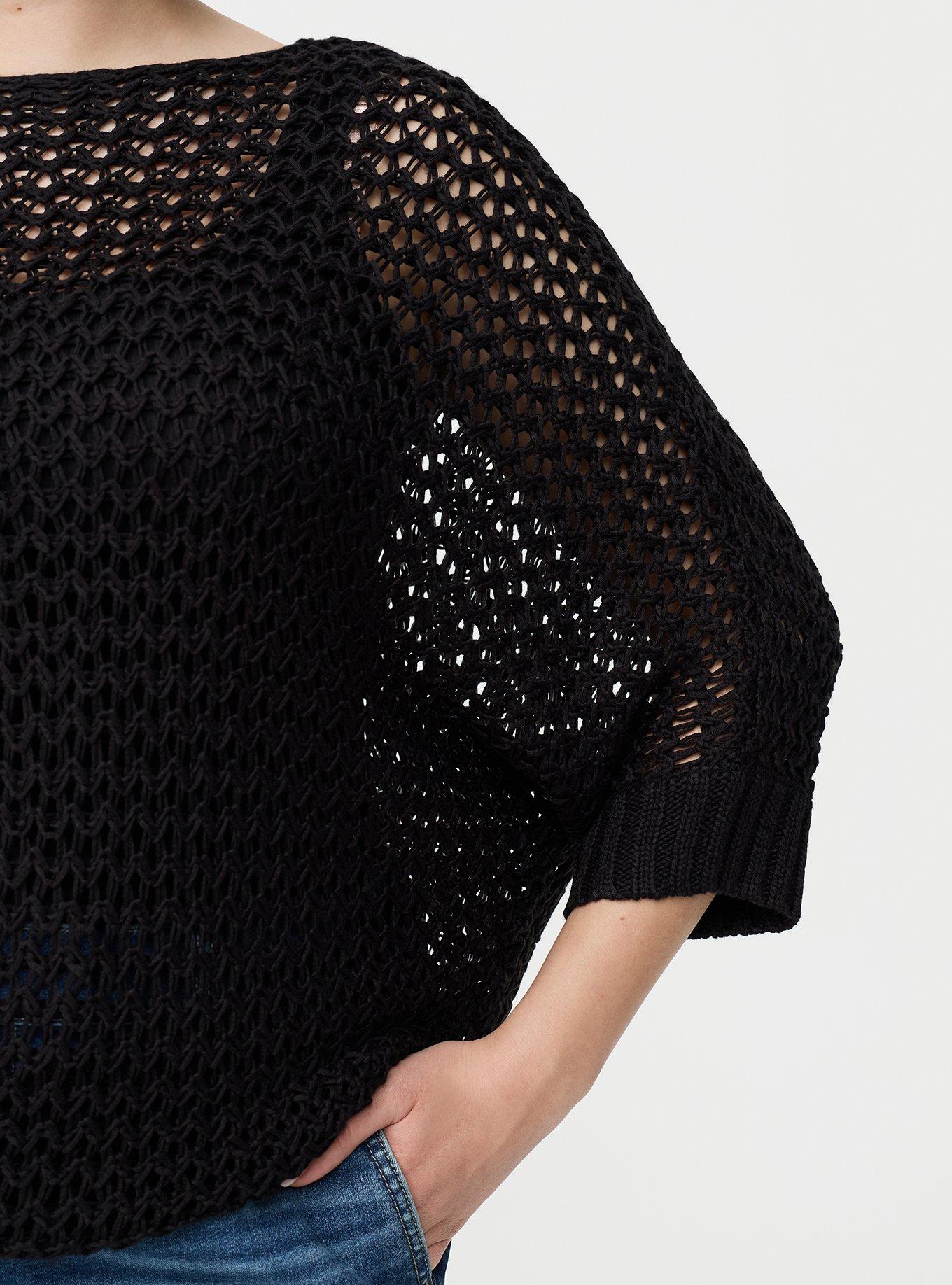 Crochet Relaxed Dolman Sweater, DEEP BLACK, alternate