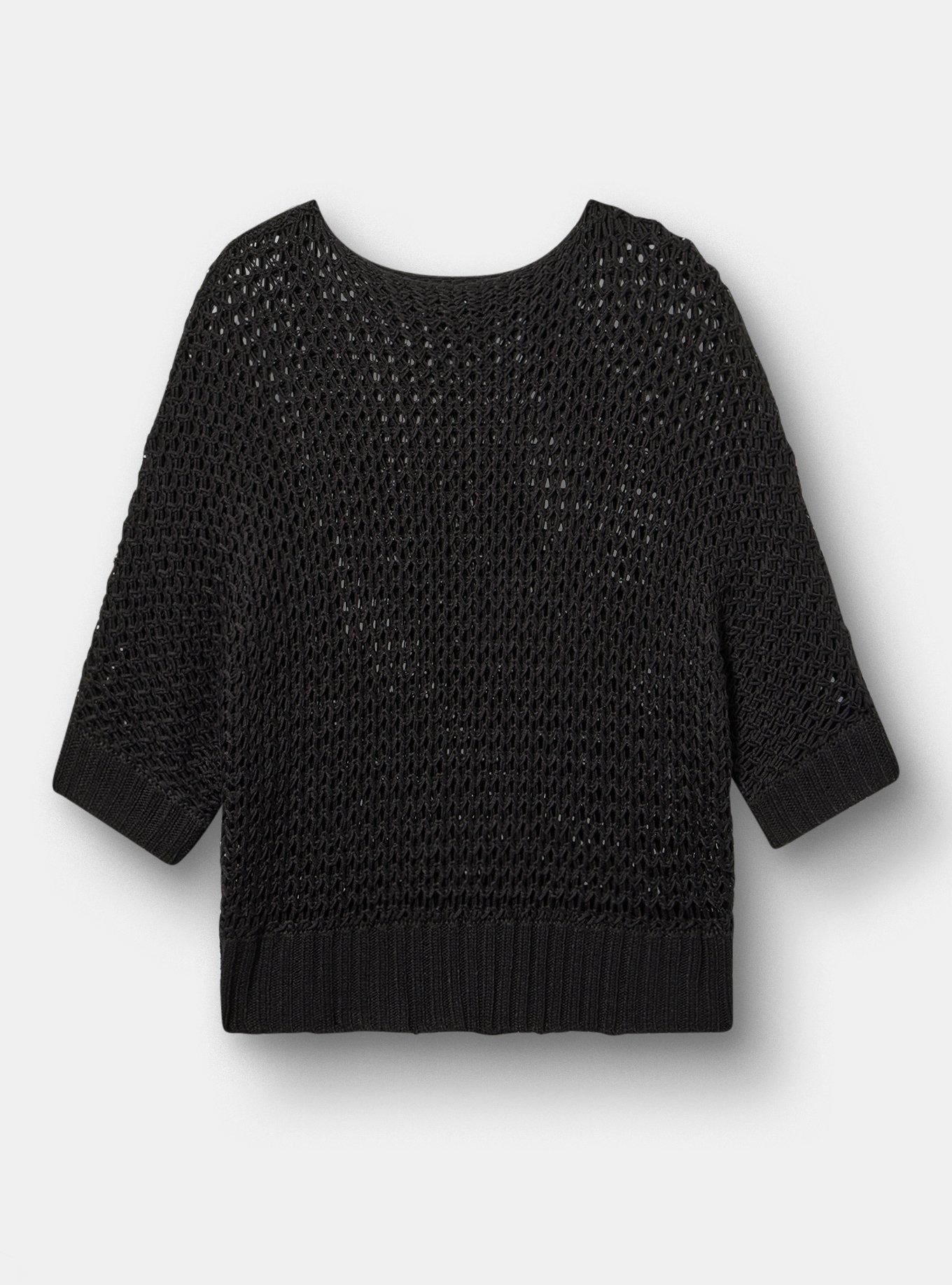 Crochet Relaxed Dolman Sweater, DEEP BLACK, hi-res