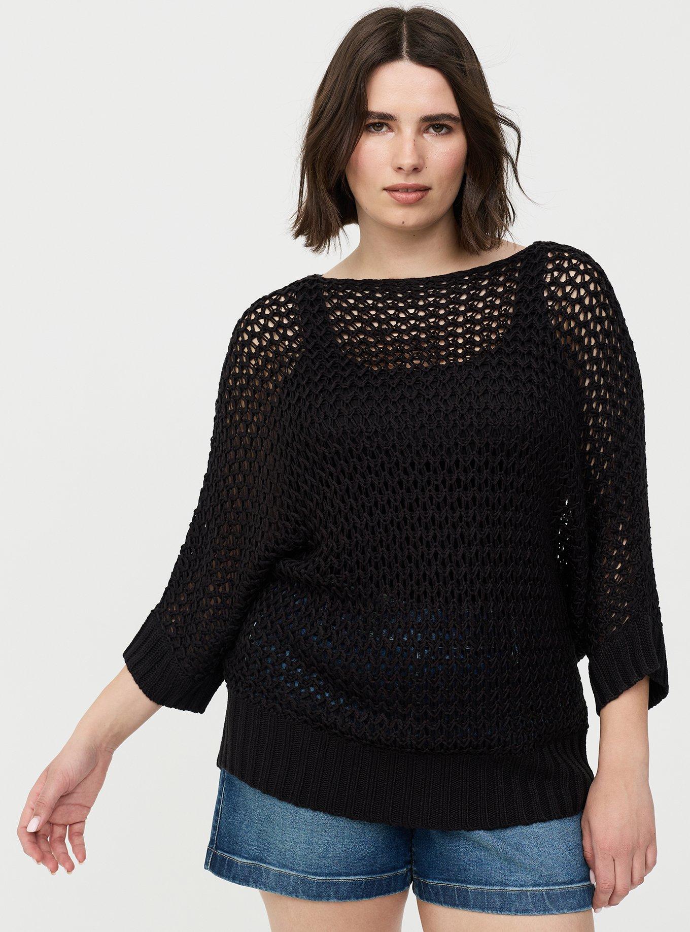 Crochet Relaxed Dolman Sweater, DEEP BLACK, hi-res