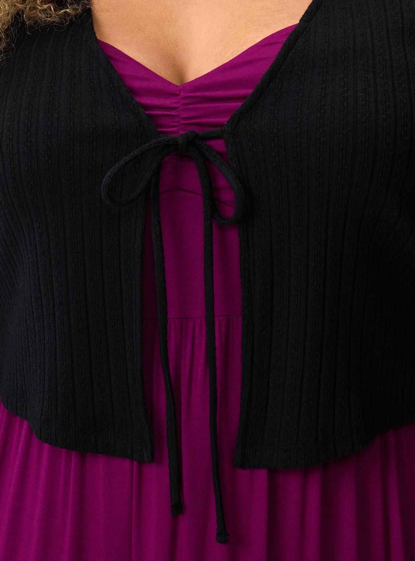 Pointelle Tie-Front Shrug, DEEP BLACK, alternate