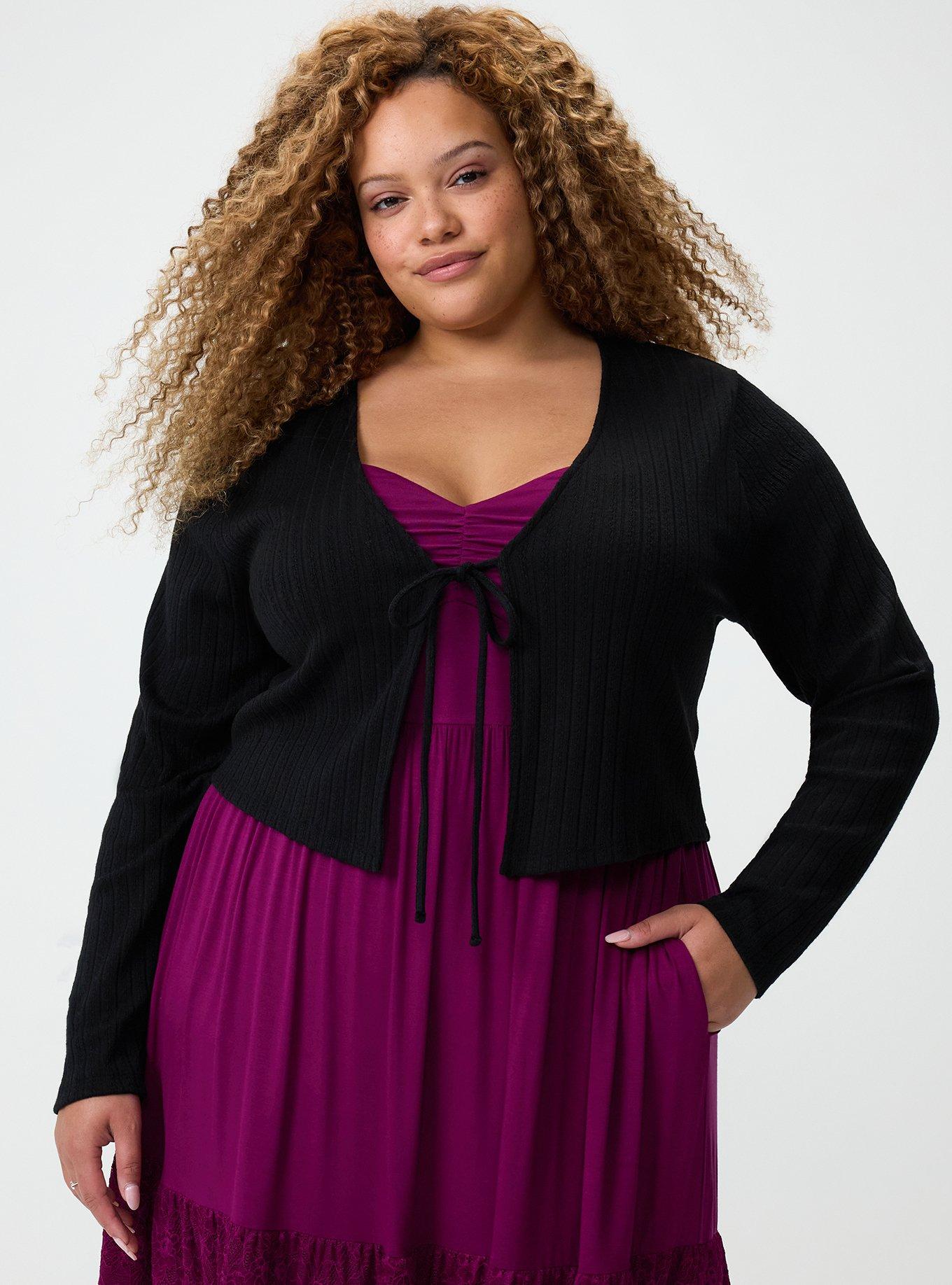 Pointelle Tie-Front Shrug, DEEP BLACK, hi-res
