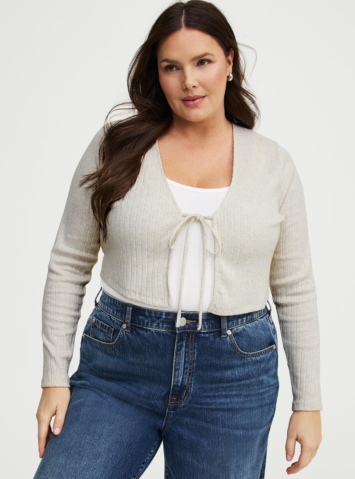 Pointelle Tie-Front Shrug, HEATHER OATMEAL, alternate