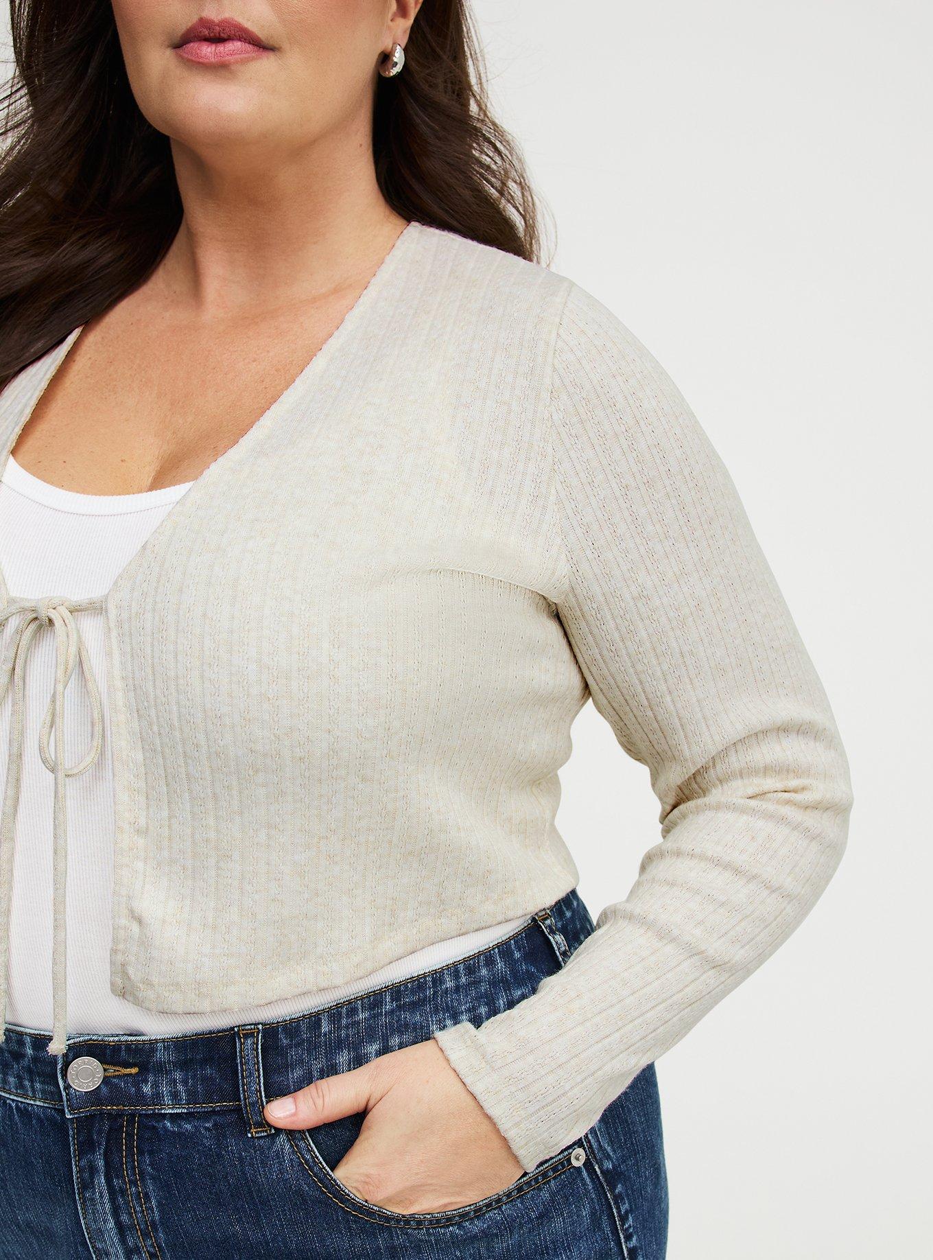 Pointelle Tie-Front Shrug, HEATHER OATMEAL, alternate