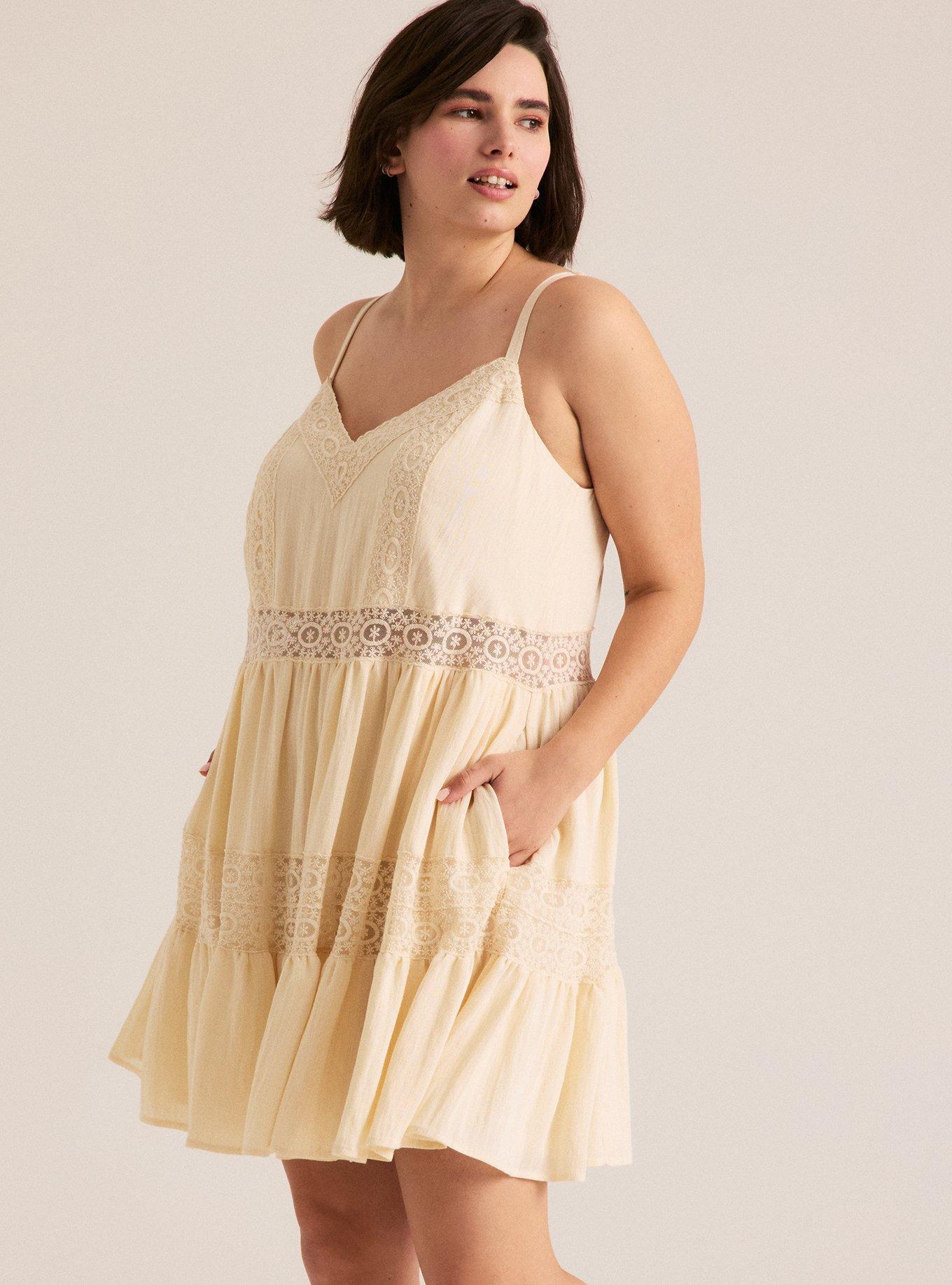 Women's Lace Trim Tiered Mini Dress In Ivory-Cream By Festi At Torrid, Size 12, Plus Size