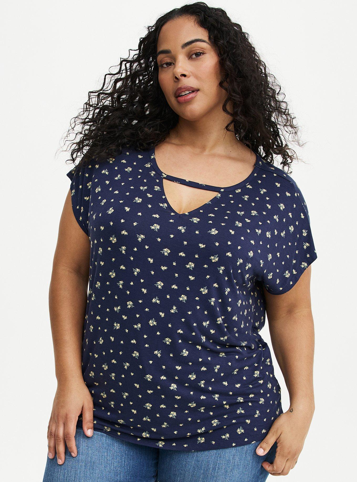 Super Soft Cut-Out Dolman Tunic Tee, MISTY DITSY FLORAL NAVY, hi-res