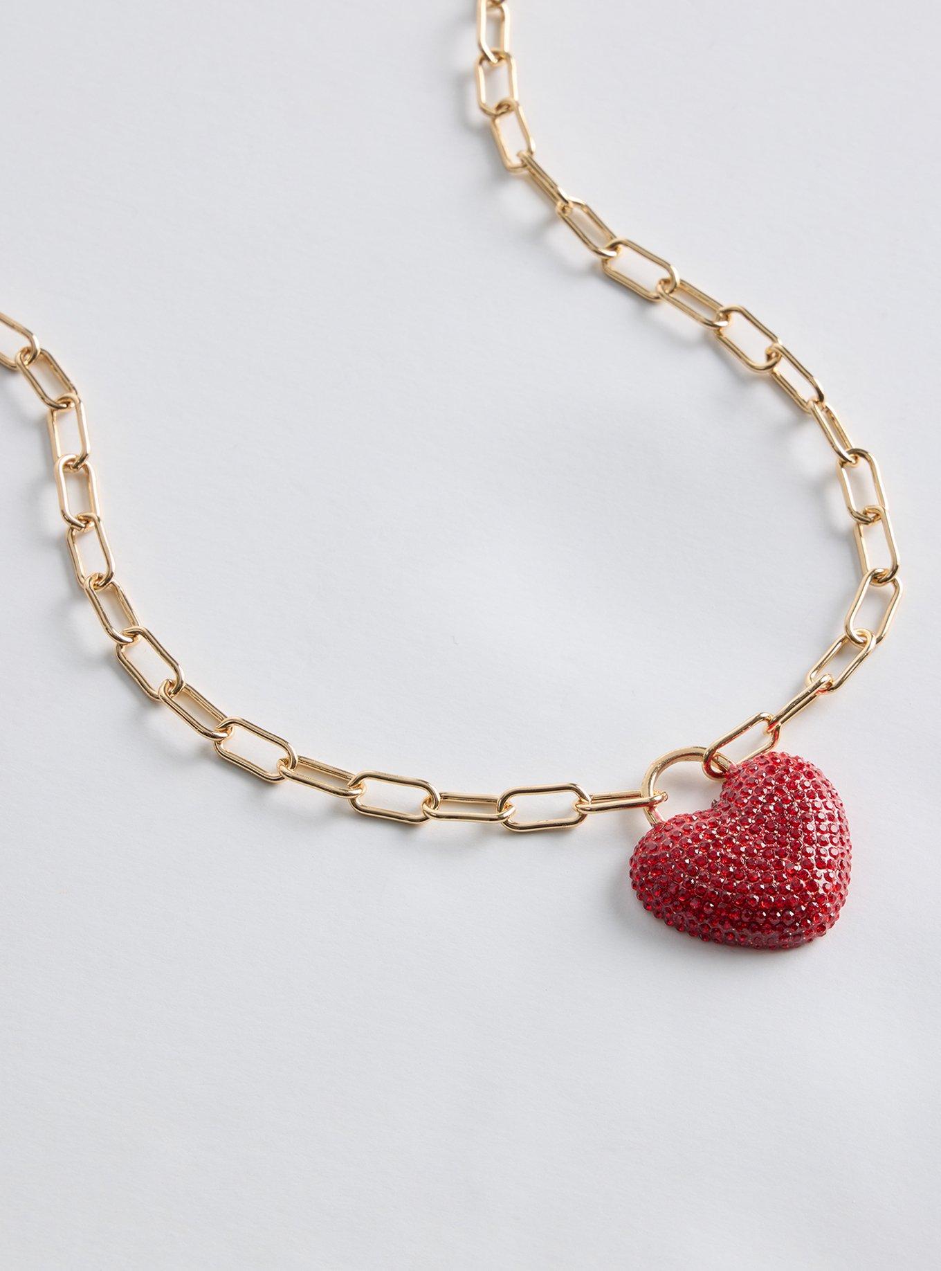 Pave Heart Link Necklace, RED, alternate