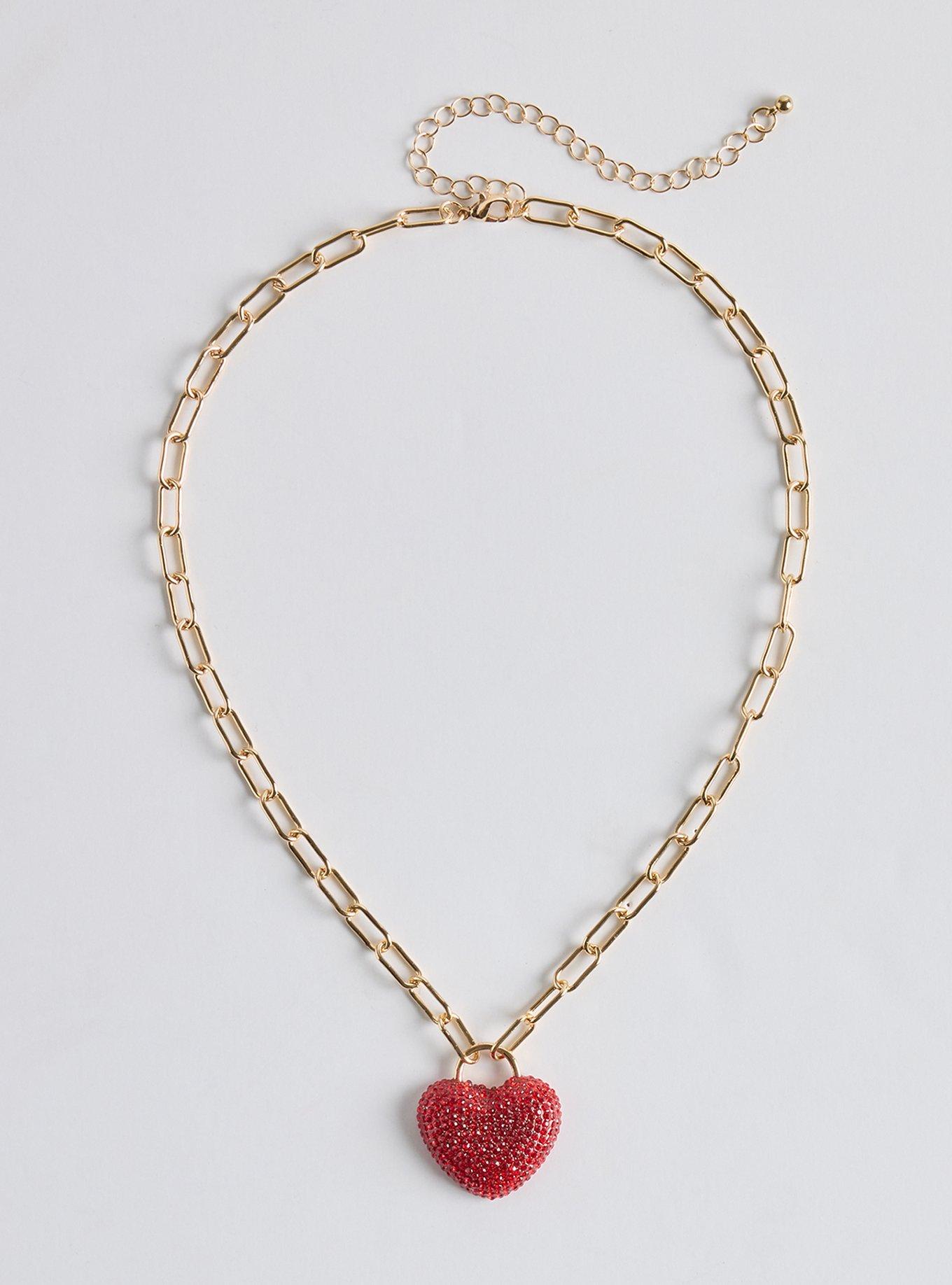 Pave Heart Link Necklace, RED, hi-res