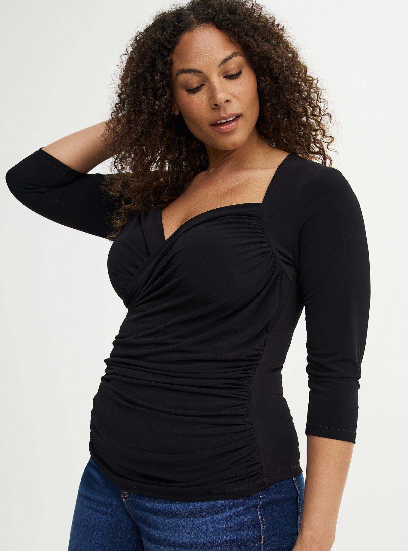 3/4 Sleeve Surplice Top, DEEP BLACK, alternate