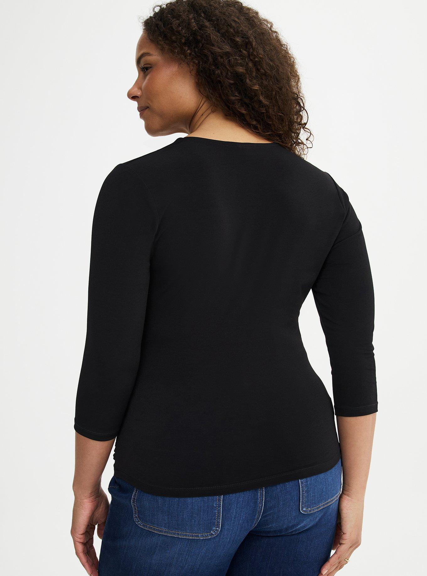 3/4 Sleeve Surplice Top, DEEP BLACK, alternate