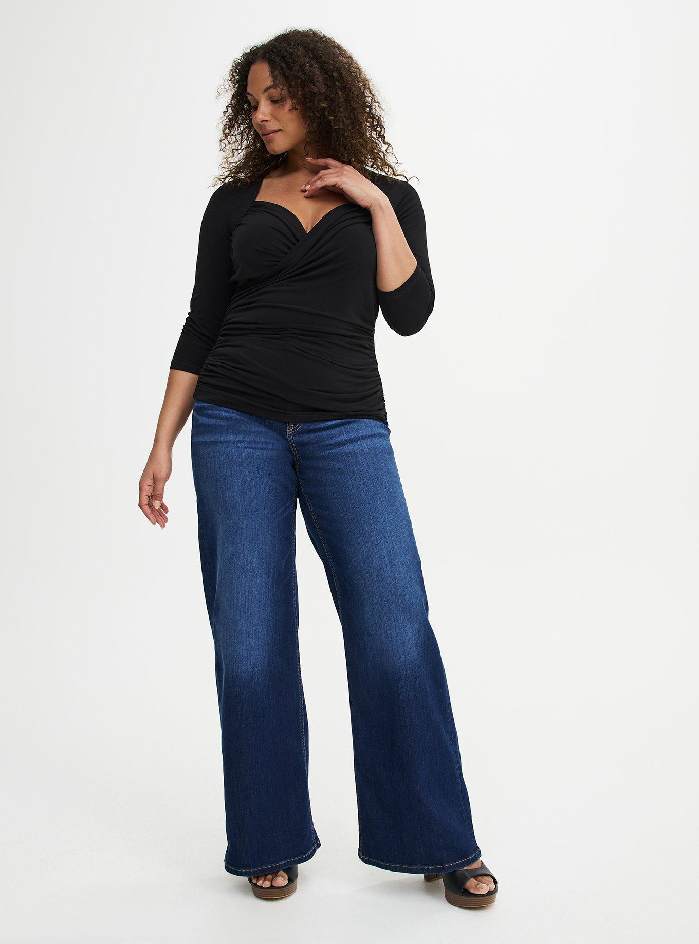 3/4 Sleeve Surplice Top, DEEP BLACK, alternate