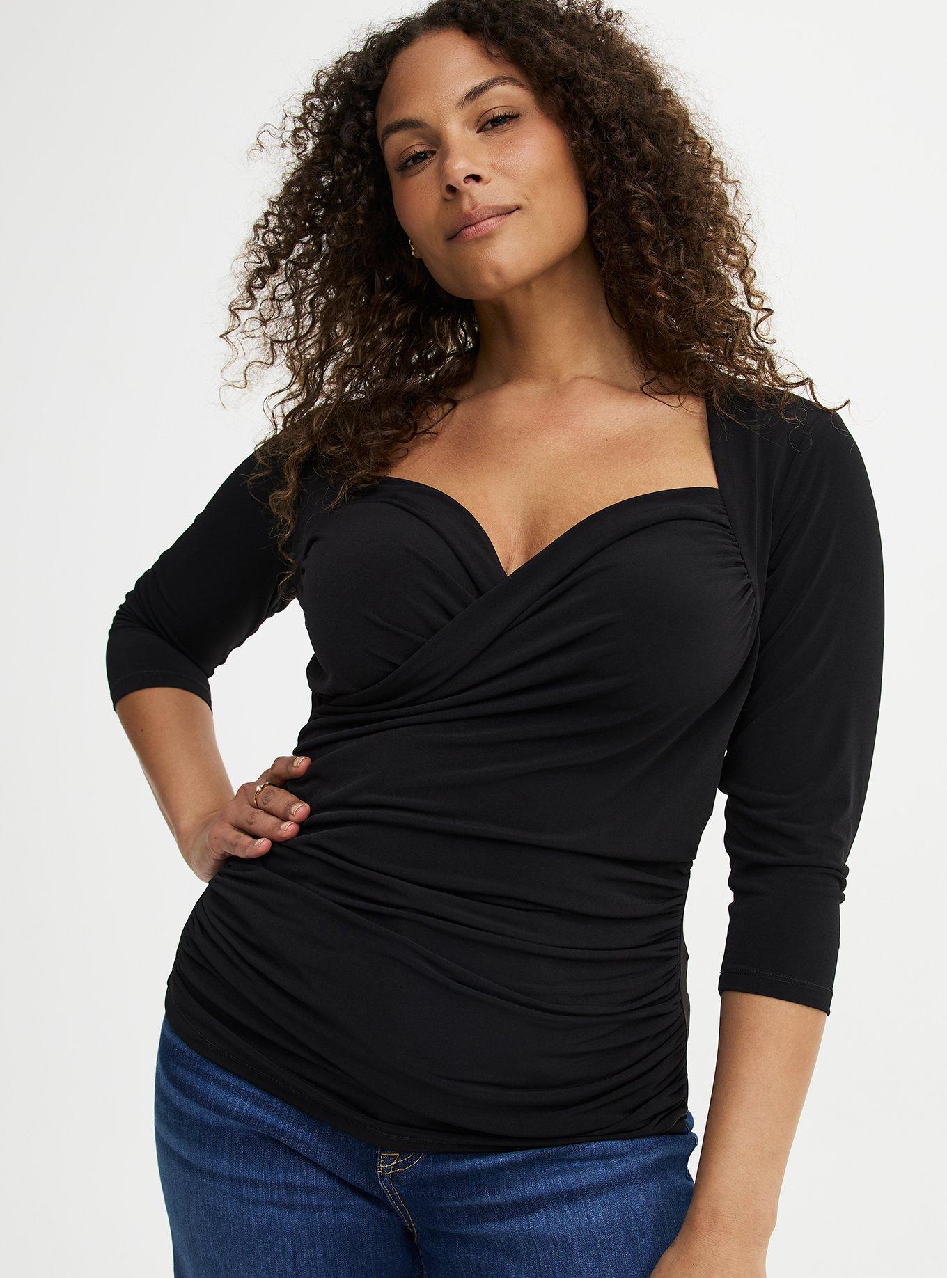 3/4 Sleeve Surplice Top, DEEP BLACK, hi-res