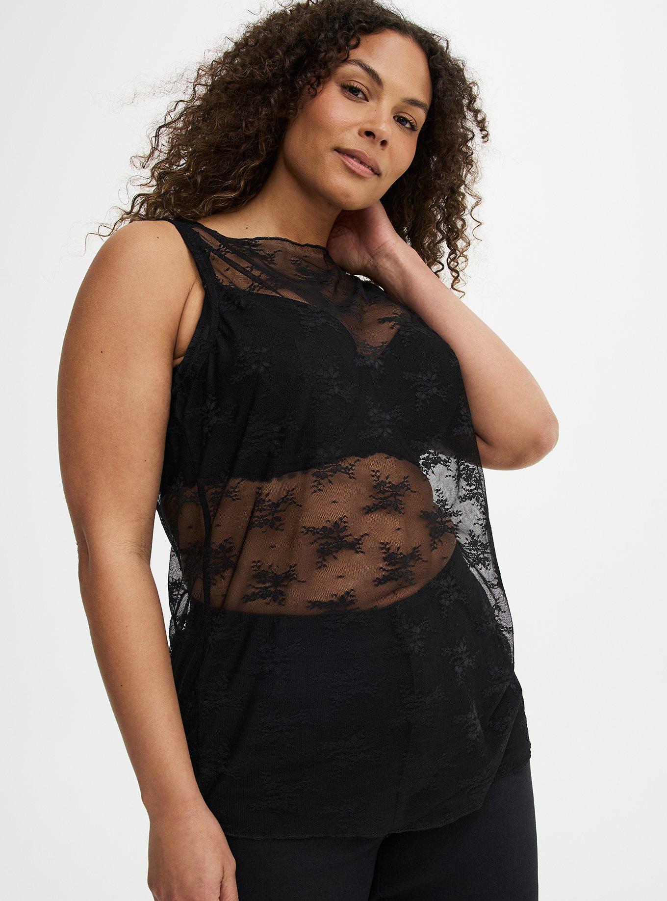 Mesh Lace Tank Top, DEEP BLACK, alternate