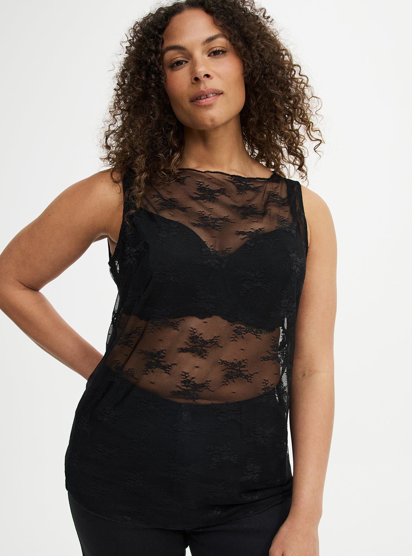 Mesh Lace Tank Top, DEEP BLACK, hi-res