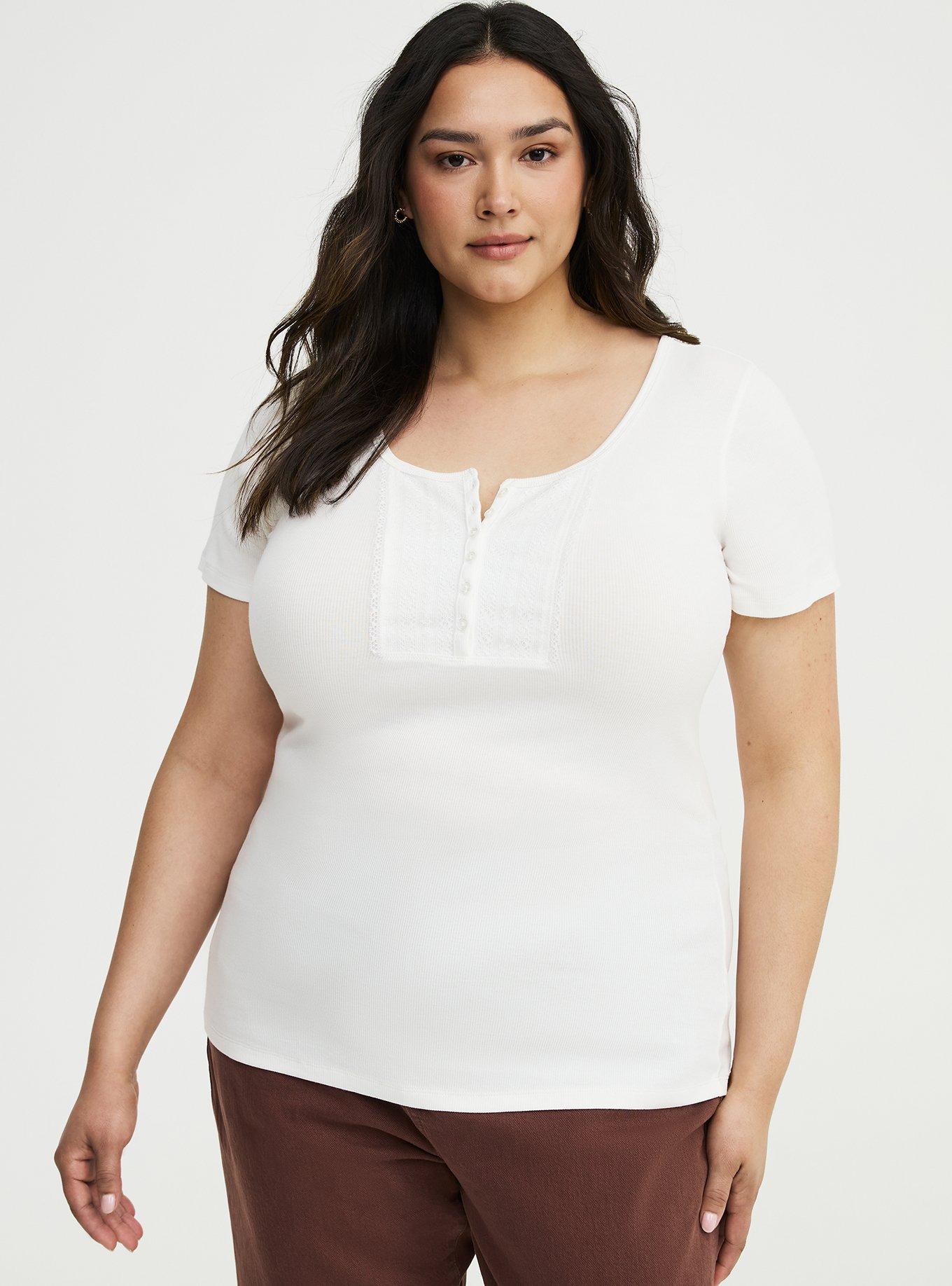 Pointelle Lace Yoke Henley Top, BLANC DE BLANC, hi-res