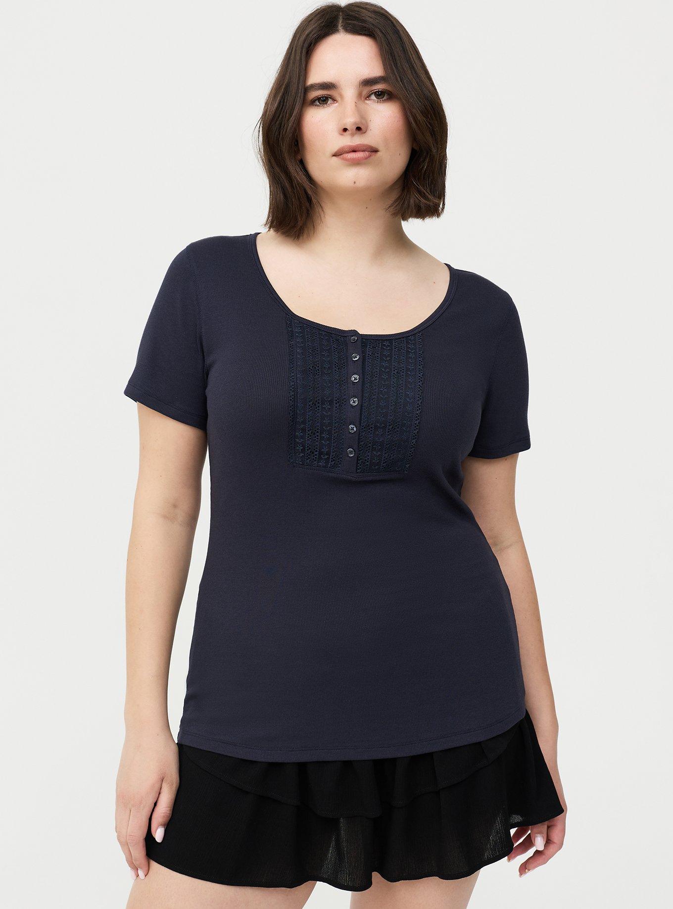 Plus Size Pointelle Lace Yoke Henley Top, POLAR NIGHT, hi-res