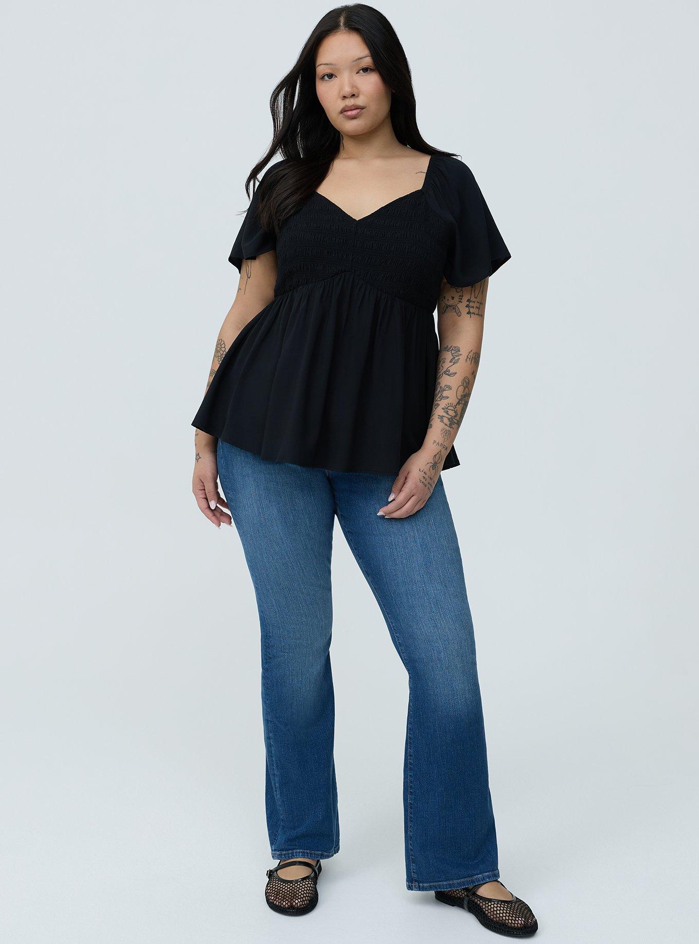 Smocked Challis Babydoll Top, DEEP BLACK, alternate