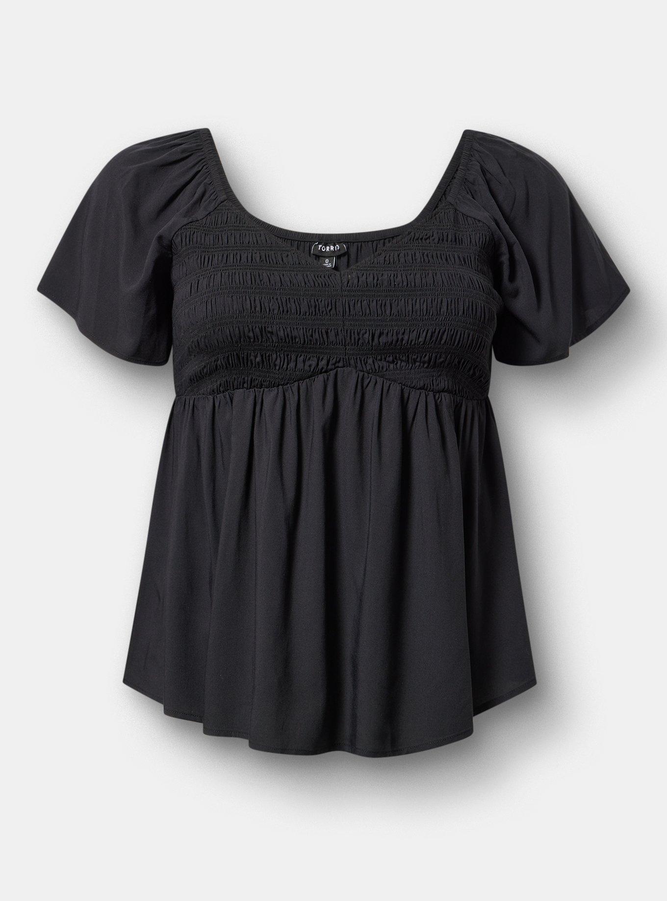 Smocked Challis Babydoll Top, DEEP BLACK, hi-res