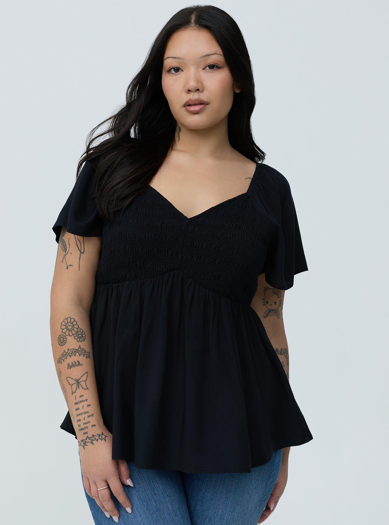 Smocked Challis Babydoll Top, DEEP BLACK, hi-res