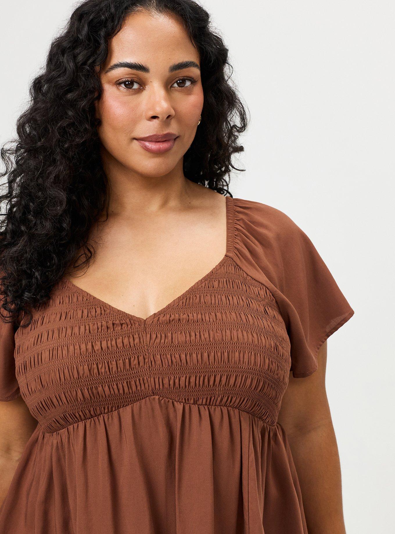 Smocked Challis Babydoll Top, CAPPUCCINO, alternate