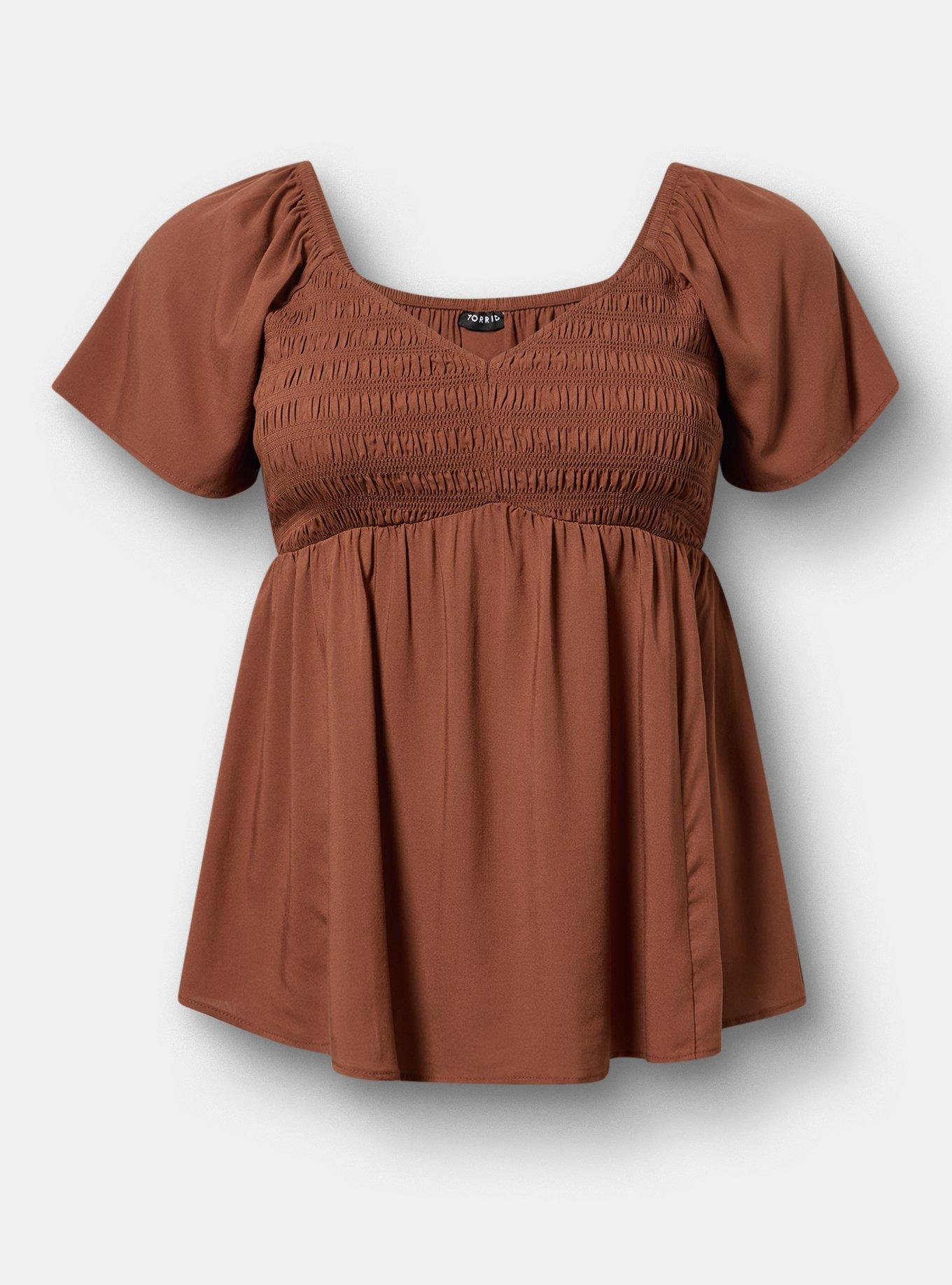 Smocked Challis Babydoll Top, CAPPUCCINO, flat