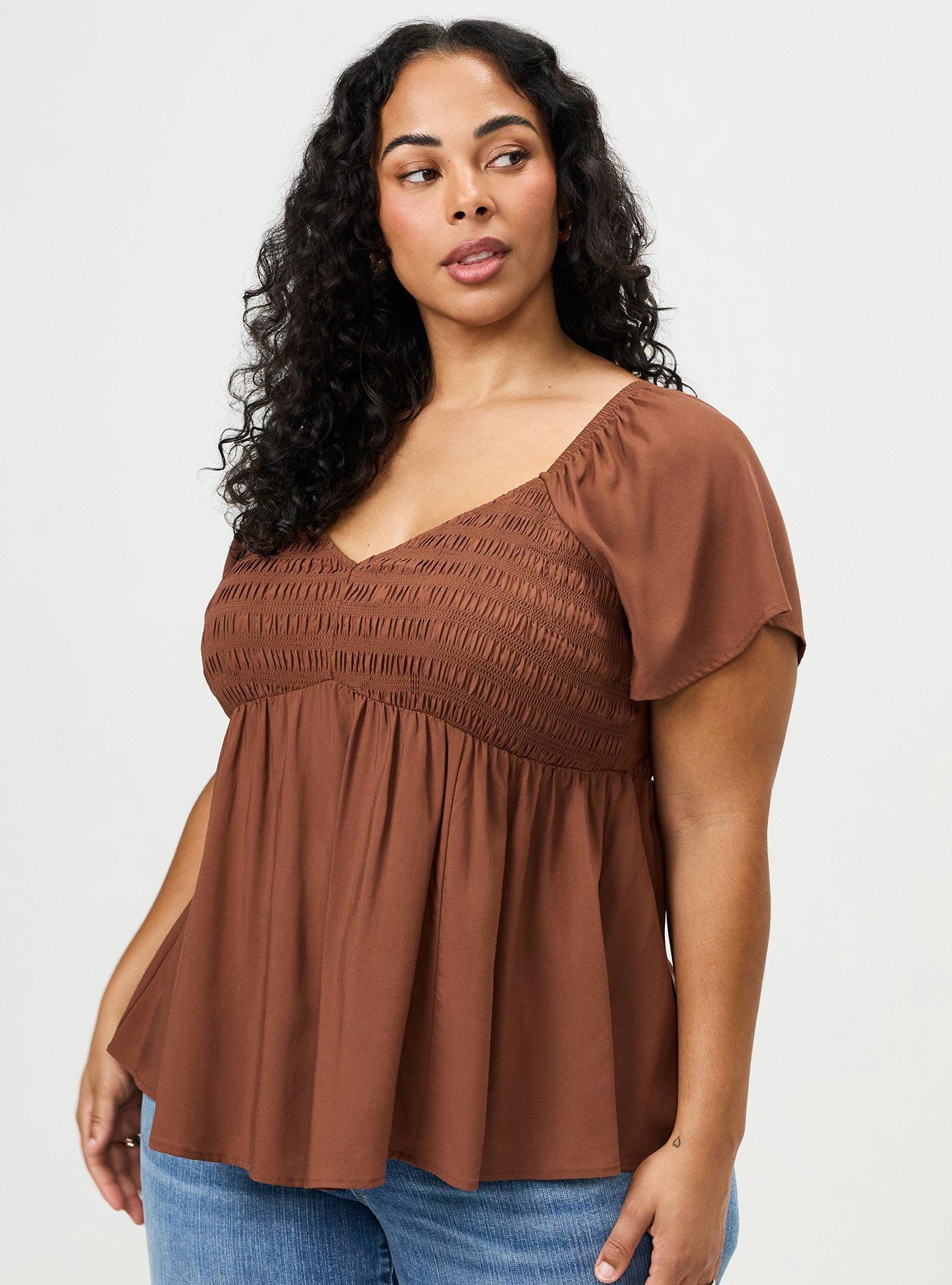 Smocked Challis Babydoll Top, CAPPUCCINO, hi-res